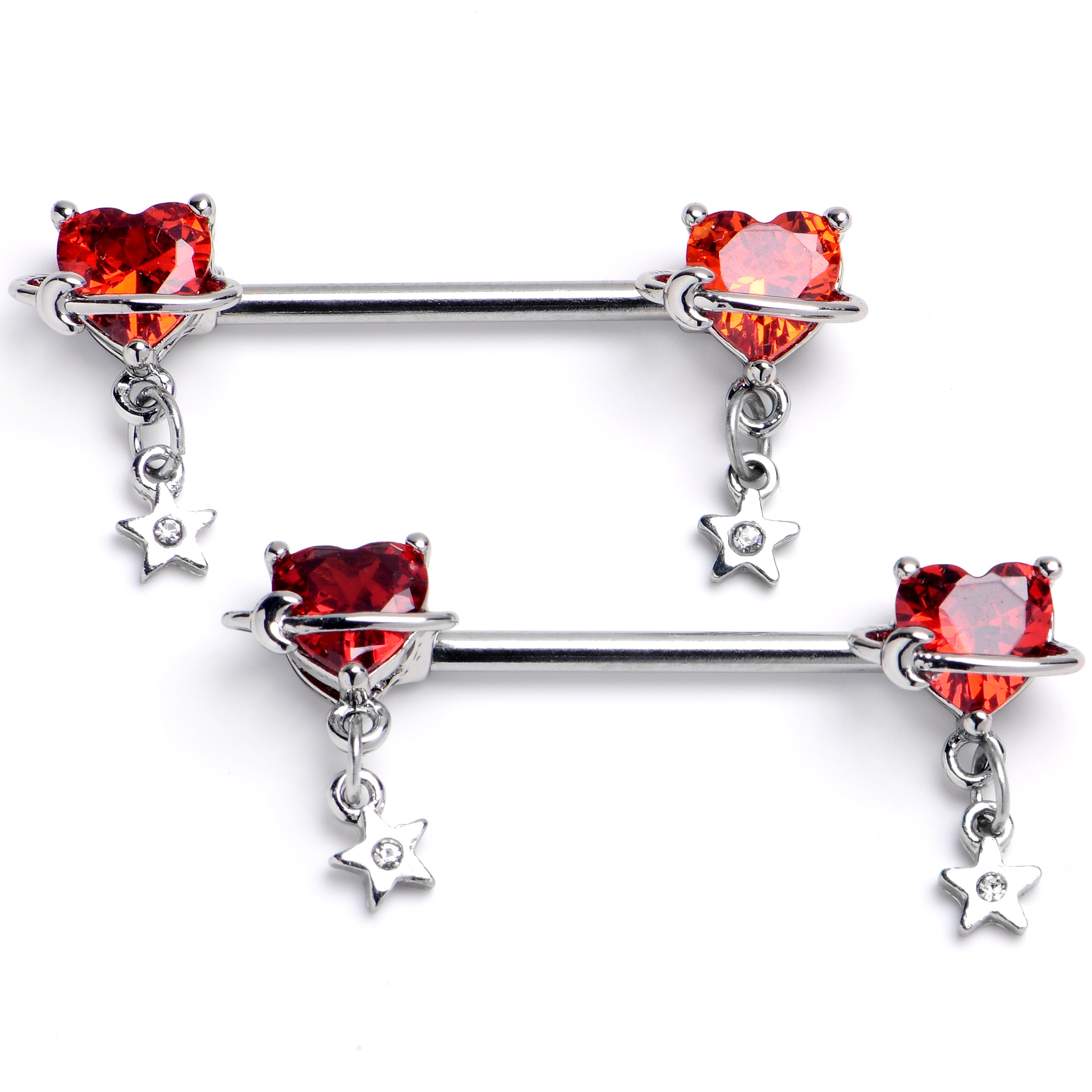 14 Gauge 9/16 Red CZ Heart Starry Saturn Dangle Nipple Ring Set