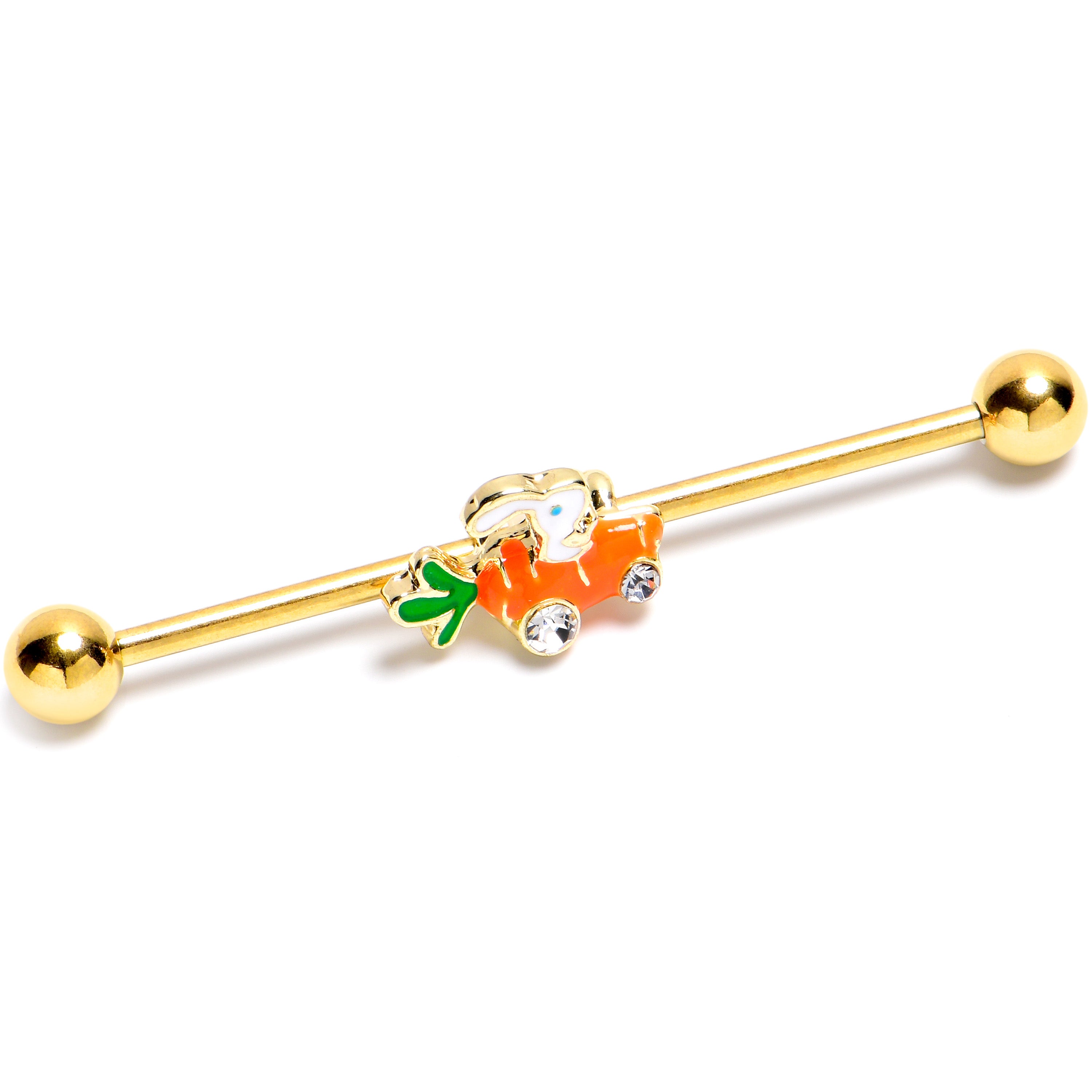 14 Gauge Clear Gem Gold Tone Rabbit Carrot Car Industrial Barbell 38mm