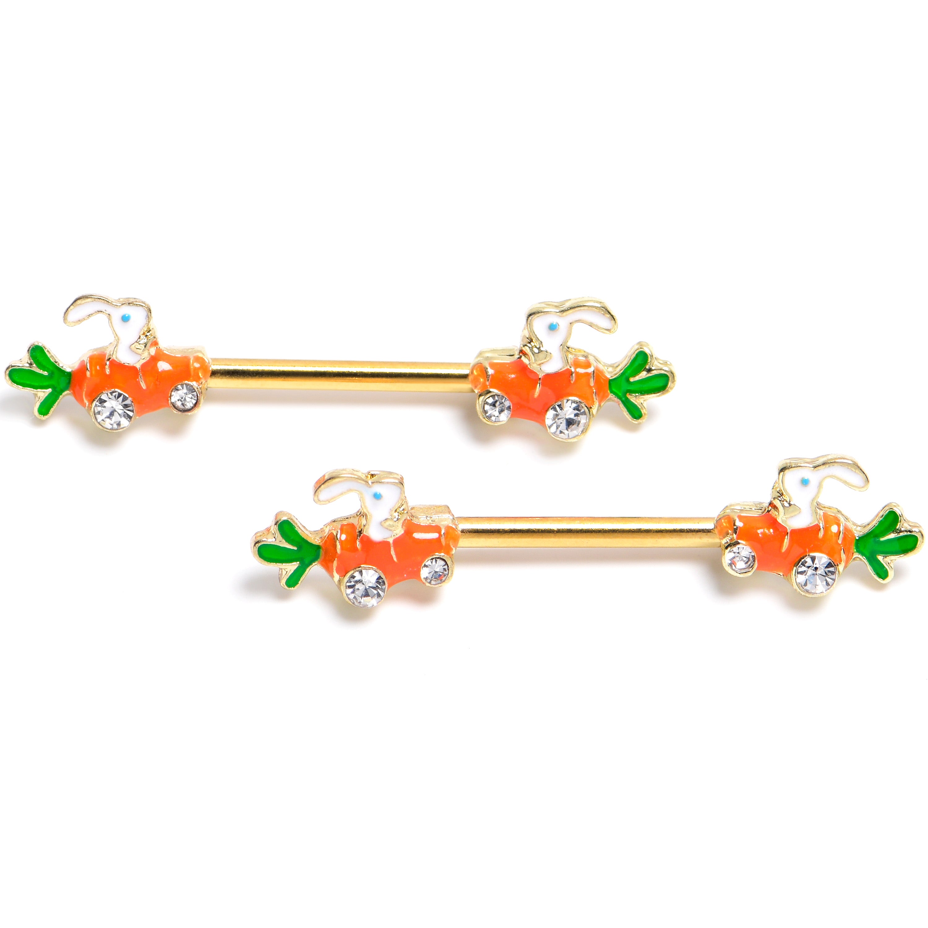 14 Gauge 9/16 Clear Gem Gold Tone Rabbit Carrot Car Nipple Ring Set