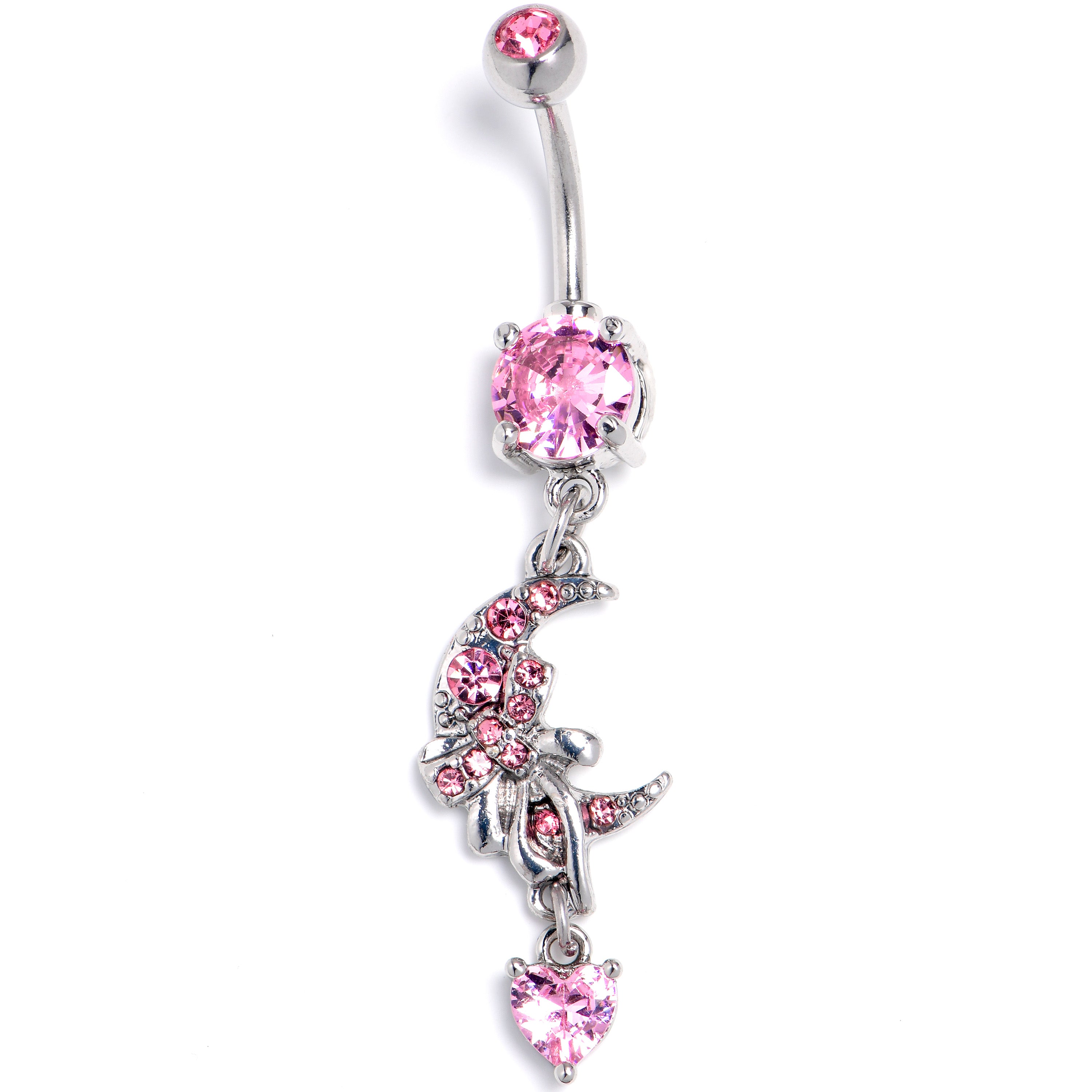 Pink CZ Gem Moon Bow Heart Dangle Belly Ring