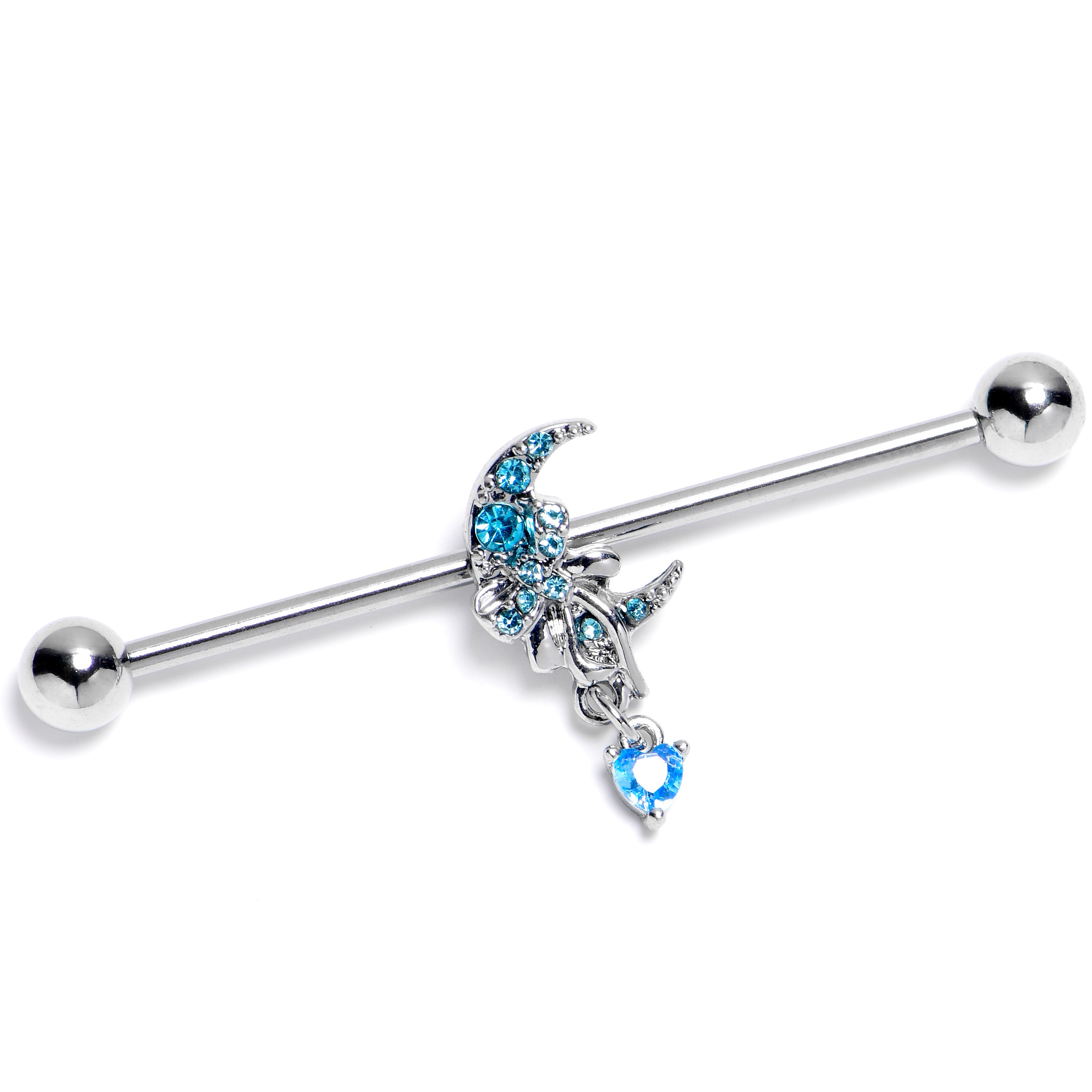 14 Gauge Blue CZ Gem Moon Bow Heart Dangle Industrial Barbell 38mm