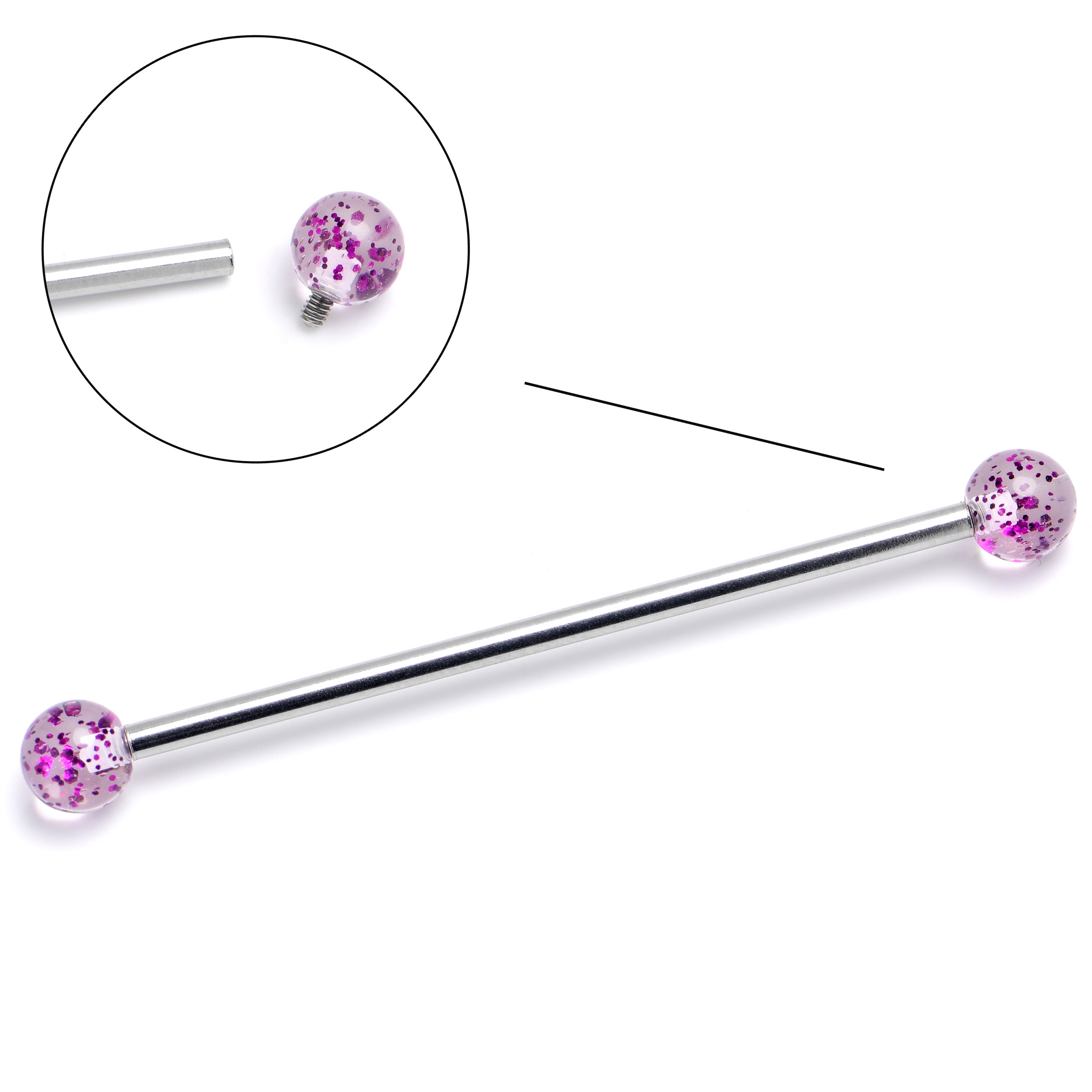 14 Gauge Internally Threaded Pink Glitter Ends Industrial Barbell 38mm