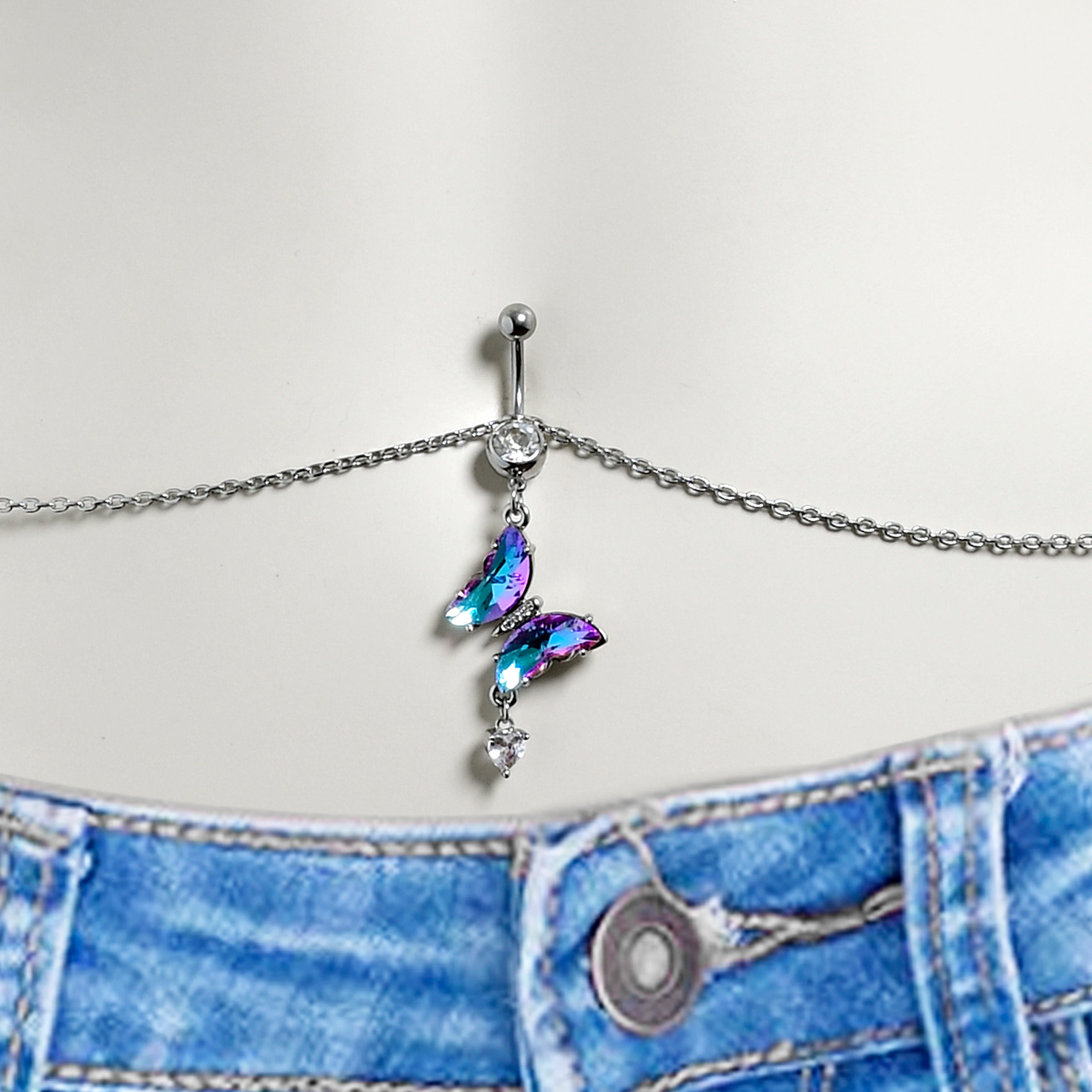 Clear Vitrail Gem Butterfly Beauty Dangle Belly Ring Belly Chain