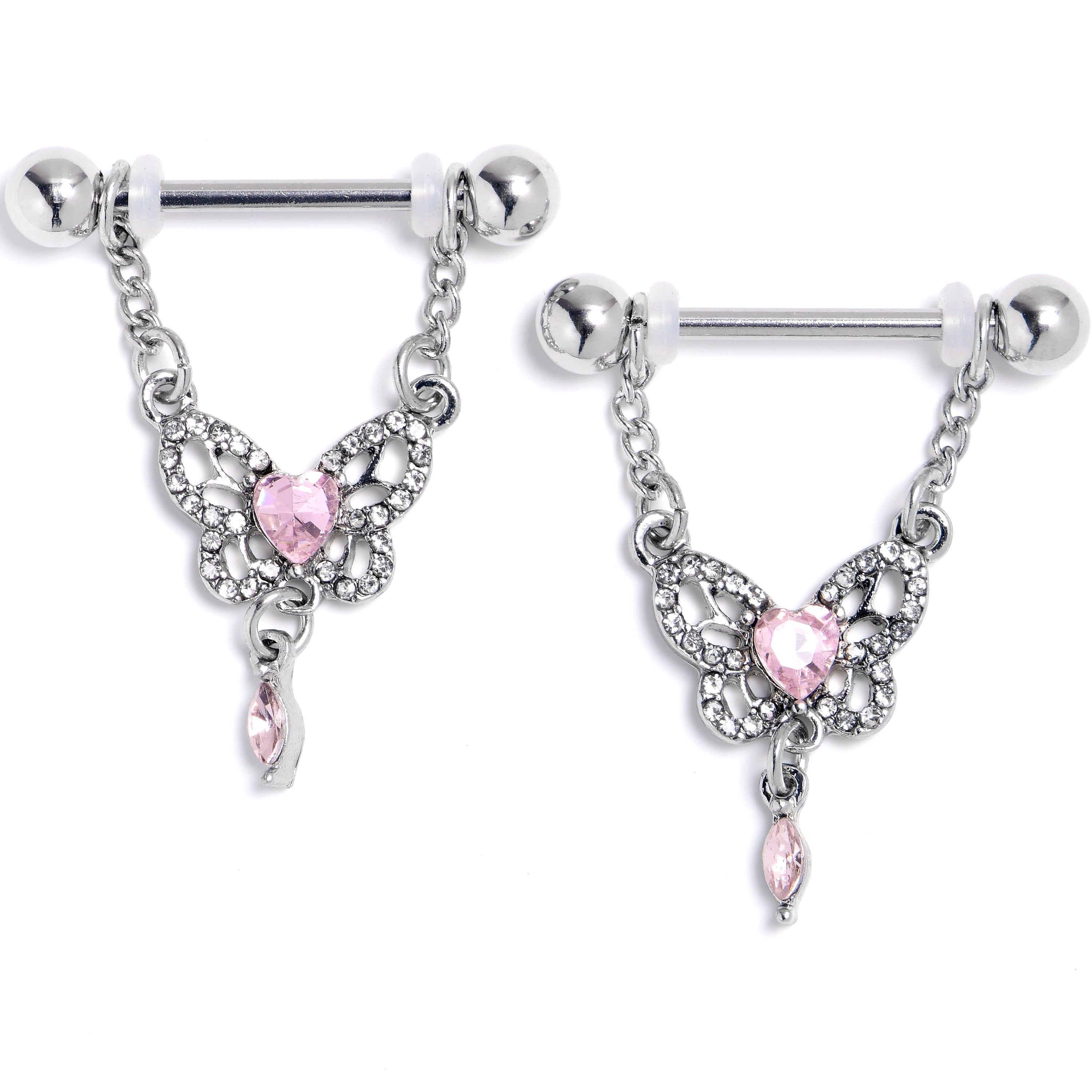 14 Gauge 9/16 Pink Gem Whimsical Butterfly Dangle Nipple Ring Set