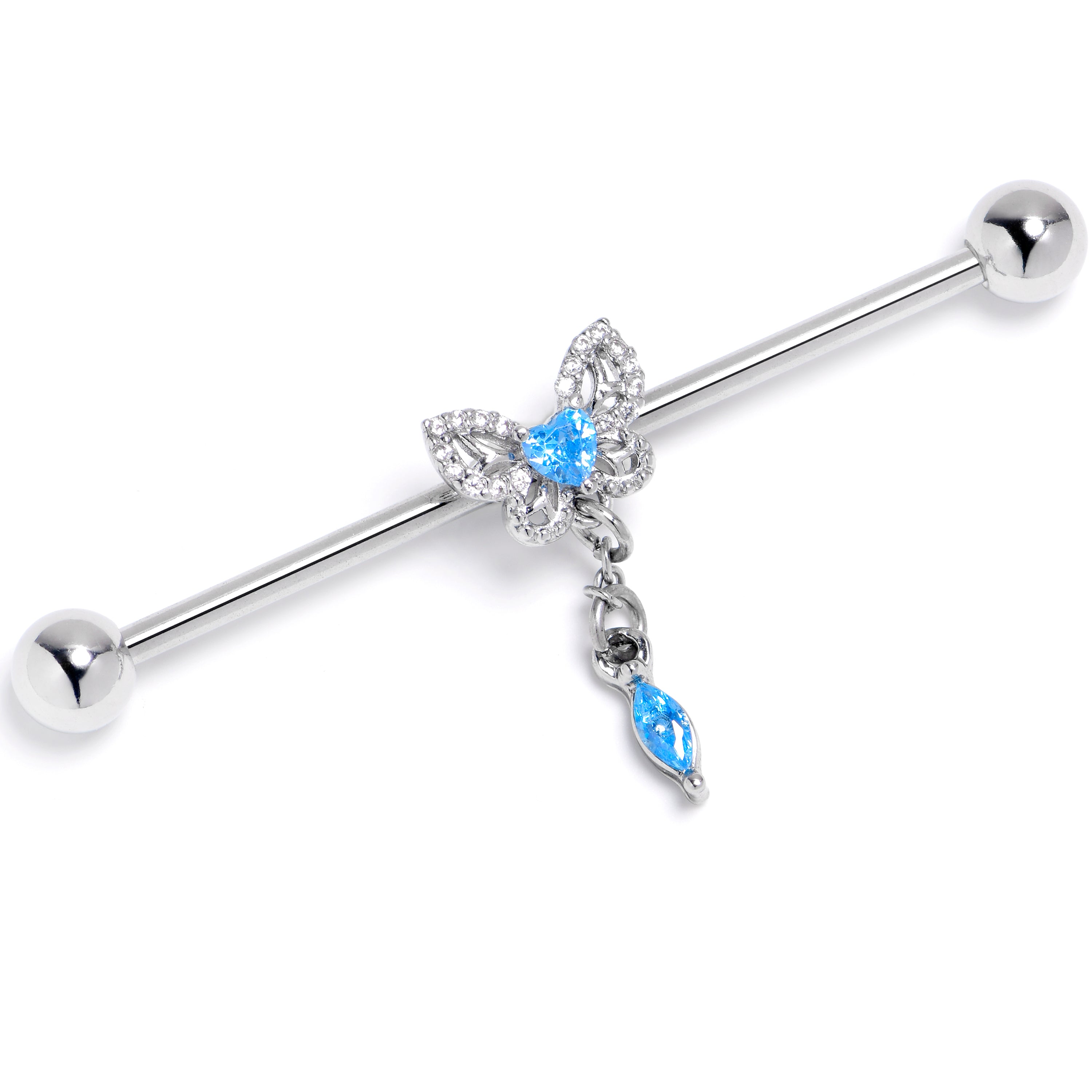 14 Gauge Blue Gem Butterfly Delight Dangle Industrial Barbell 38mm