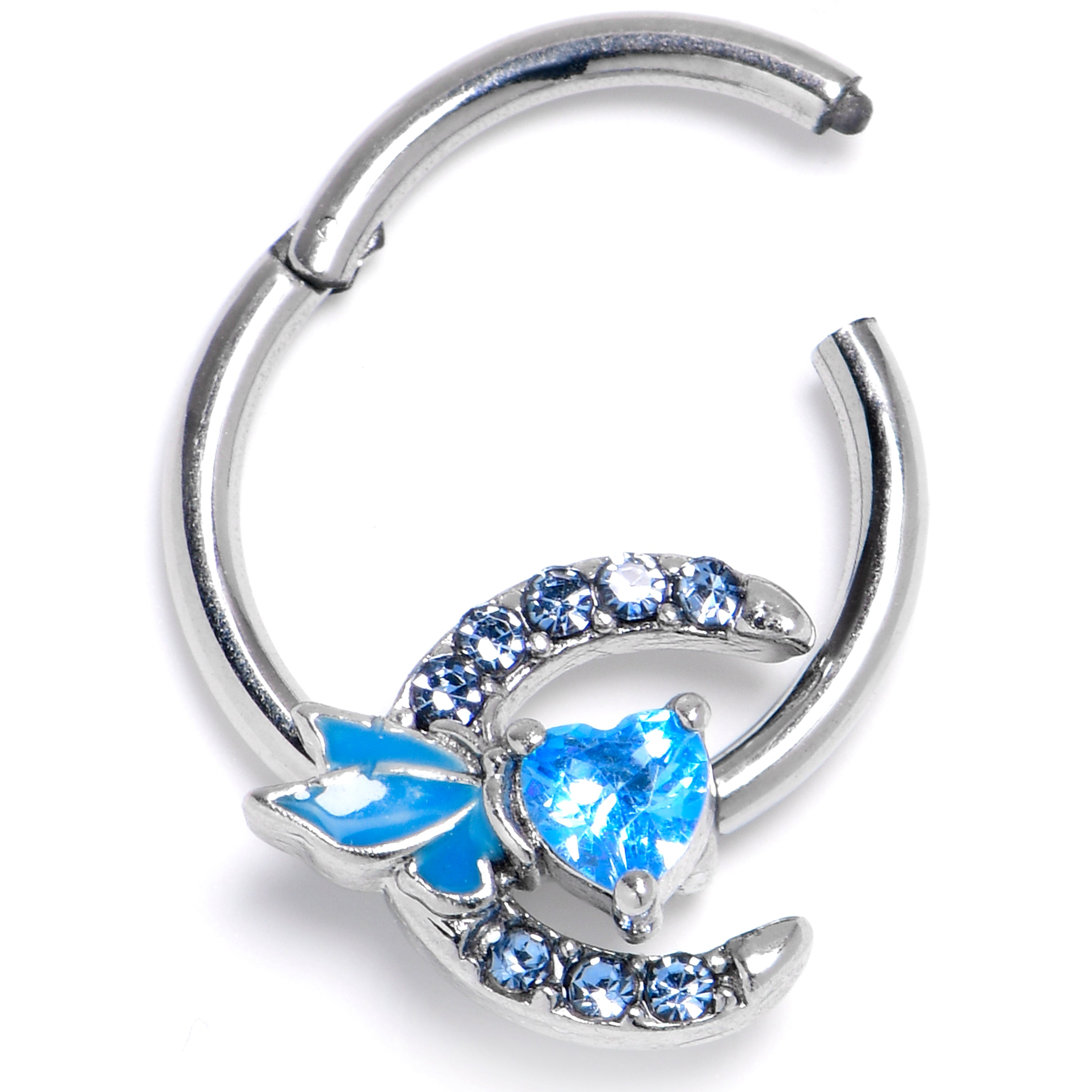 16 Gauge 3/8 Blue Gem Butterfly Moon Heart Hinged Segment Ring