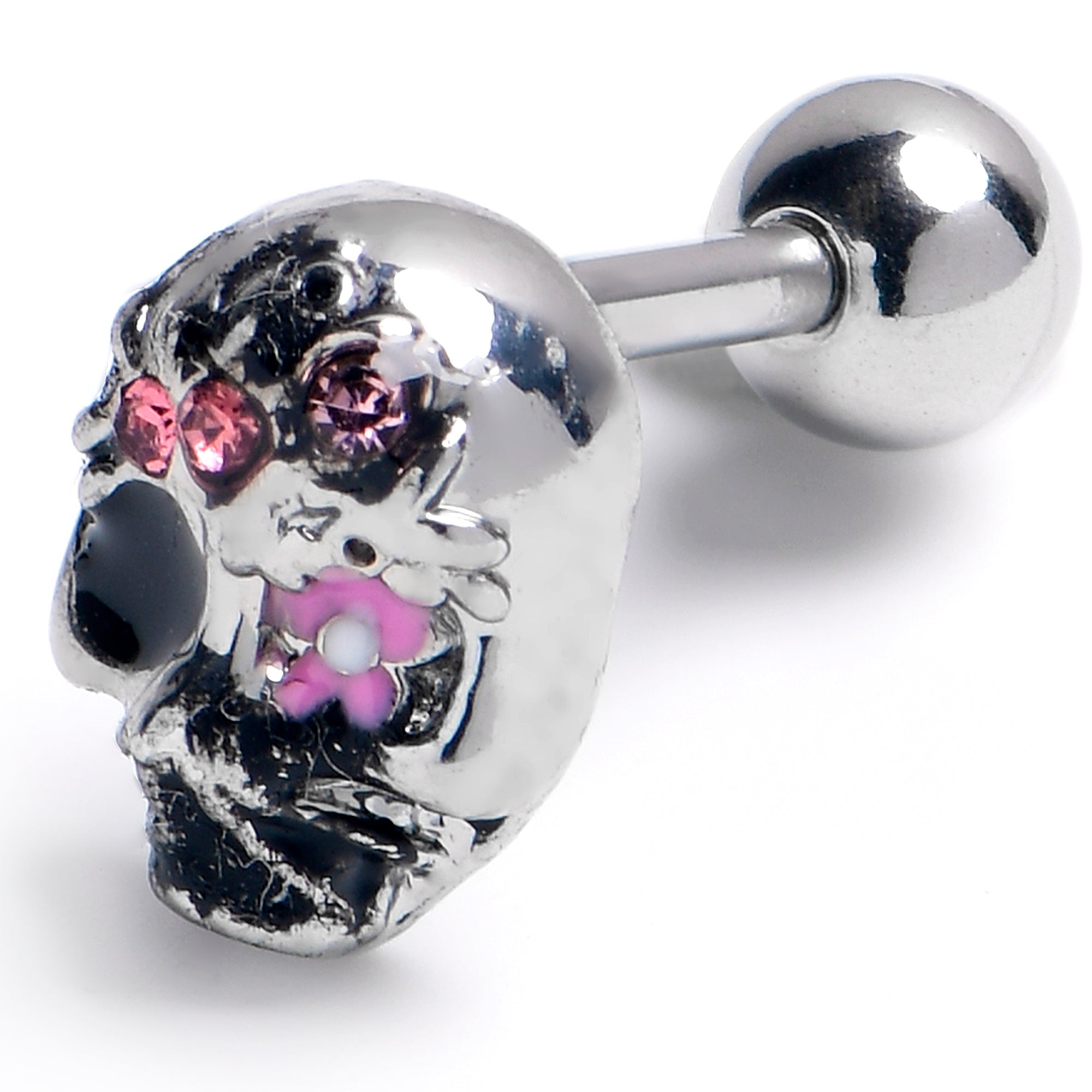 16 Gauge 1/4 Pink Gem Stylish Skull Cartilage Tragus Earring