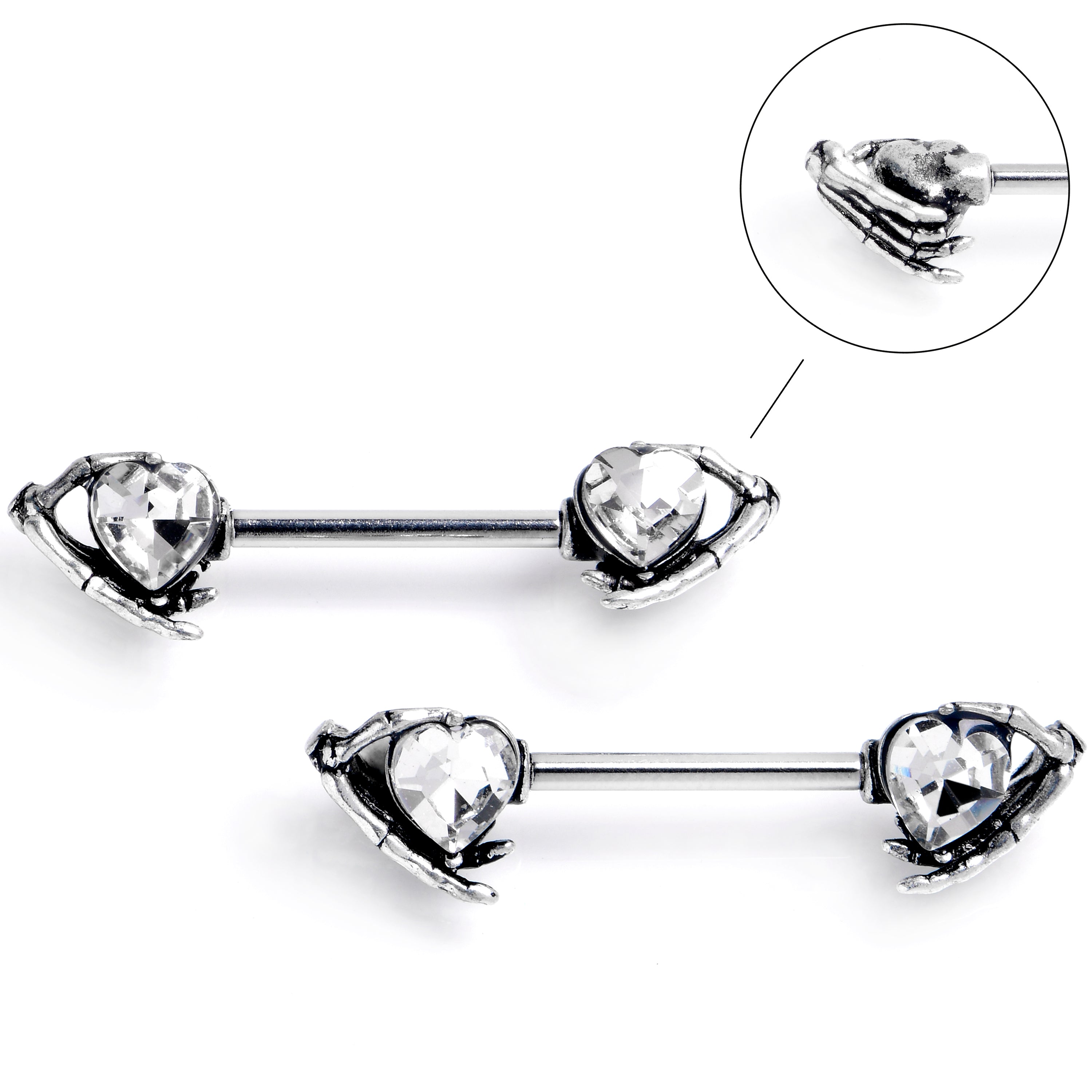 14 Gauge 9/16 Clear CZ Gem Heart Skeleton Hands Barbell Nipple Ring Set