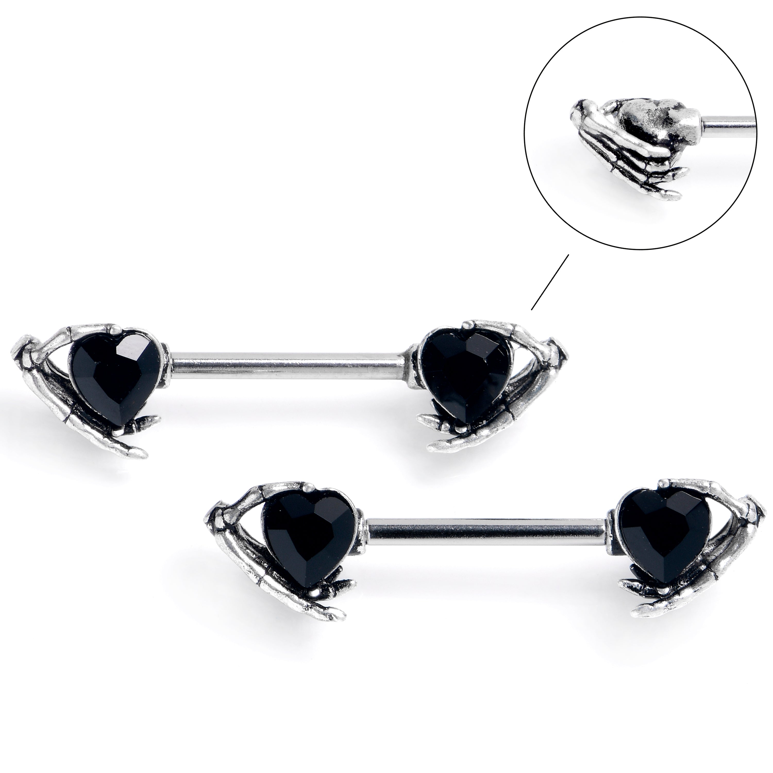 14 Gauge 9/16 Black CZ Gem Heart Skeleton Hands Barbell Nipple Ring Set