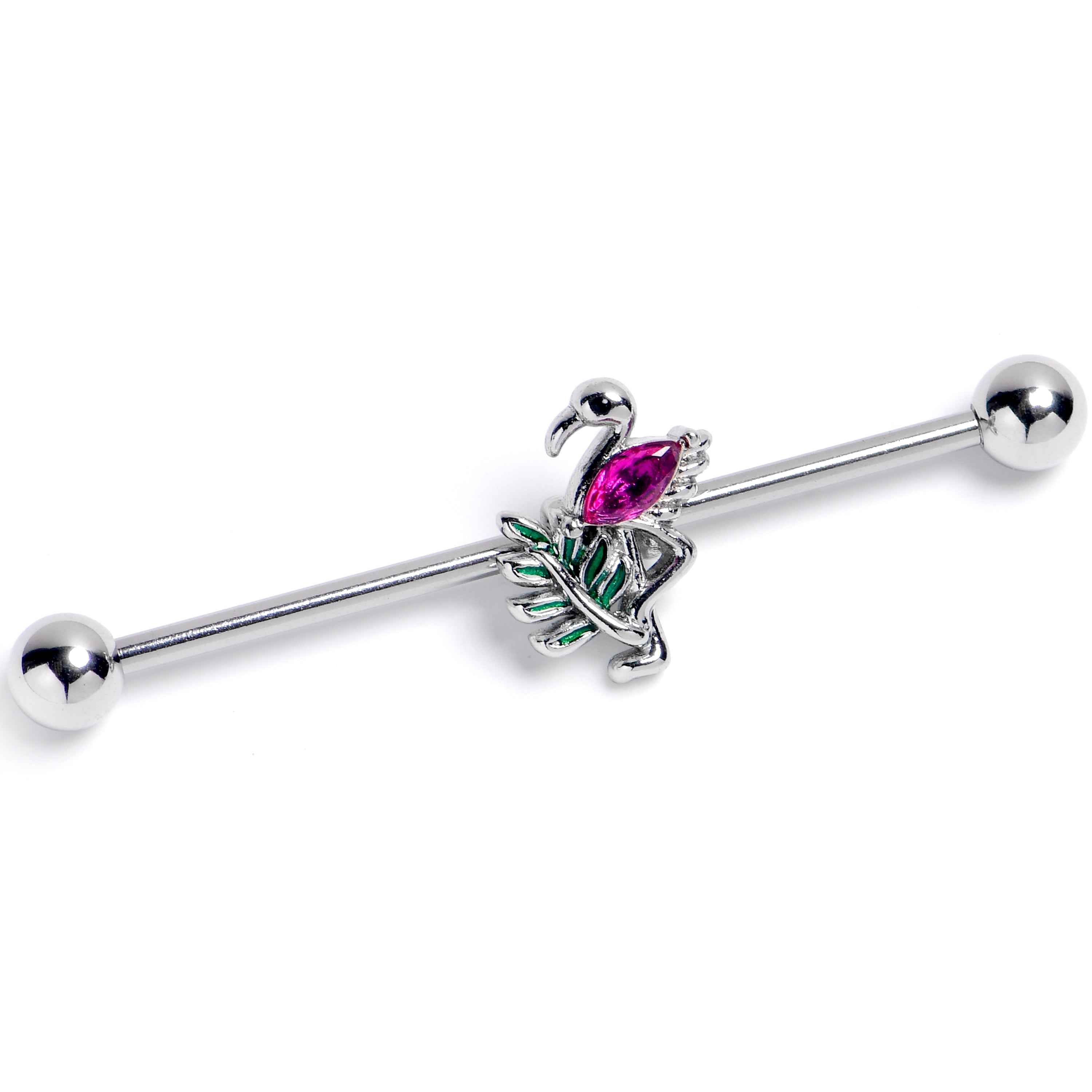 14 Gauge Pink Gem Fabulous Flamingo Industrial Barbell 38mm