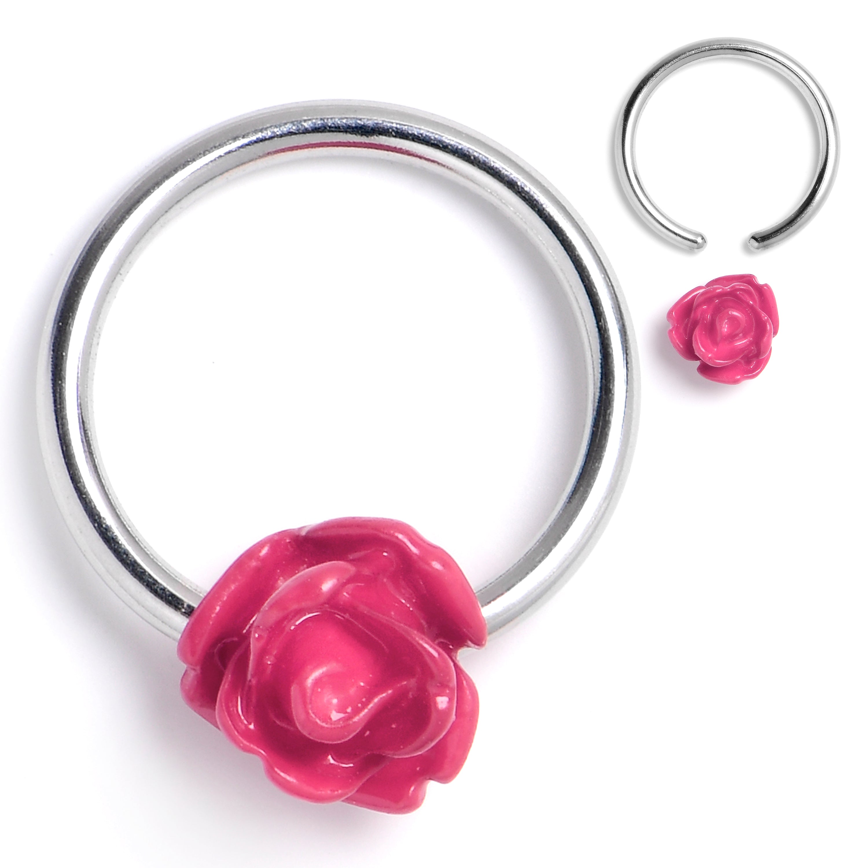 16 Gauge 3/8 Open Bloom Rose Pink BCR Captive Ring