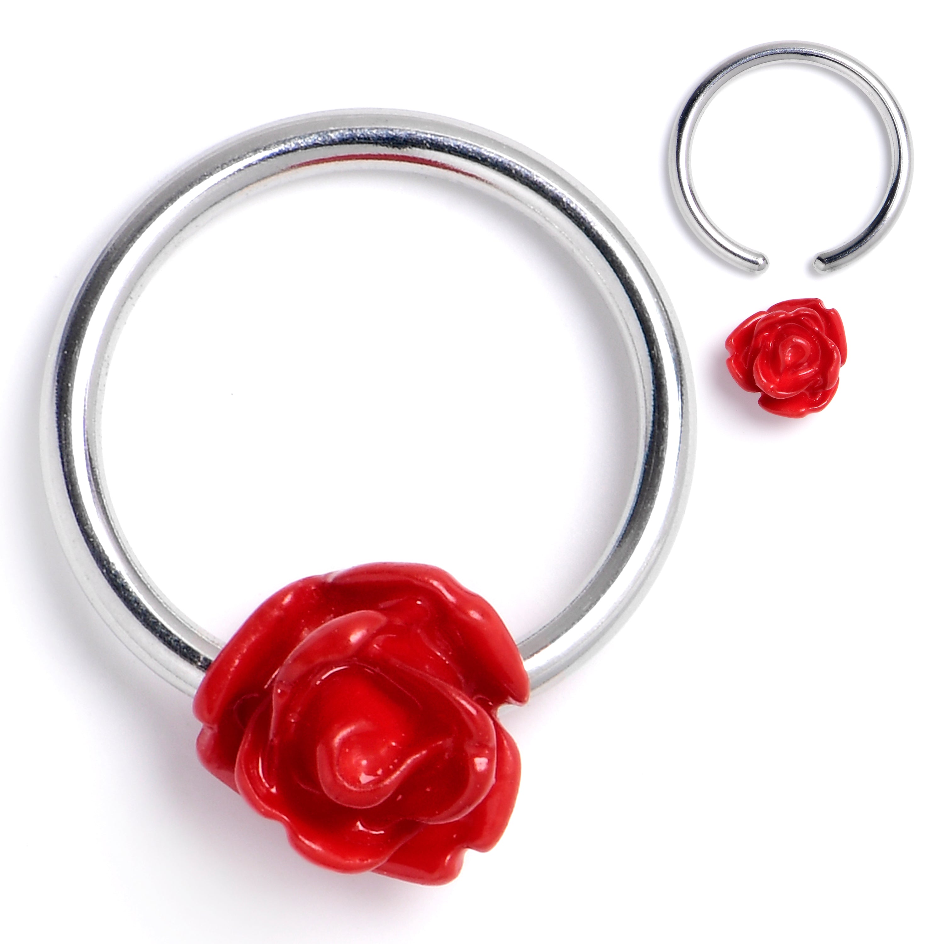 16 Gauge 3/8 Open Bloom Rose Red BCR Captive Ring