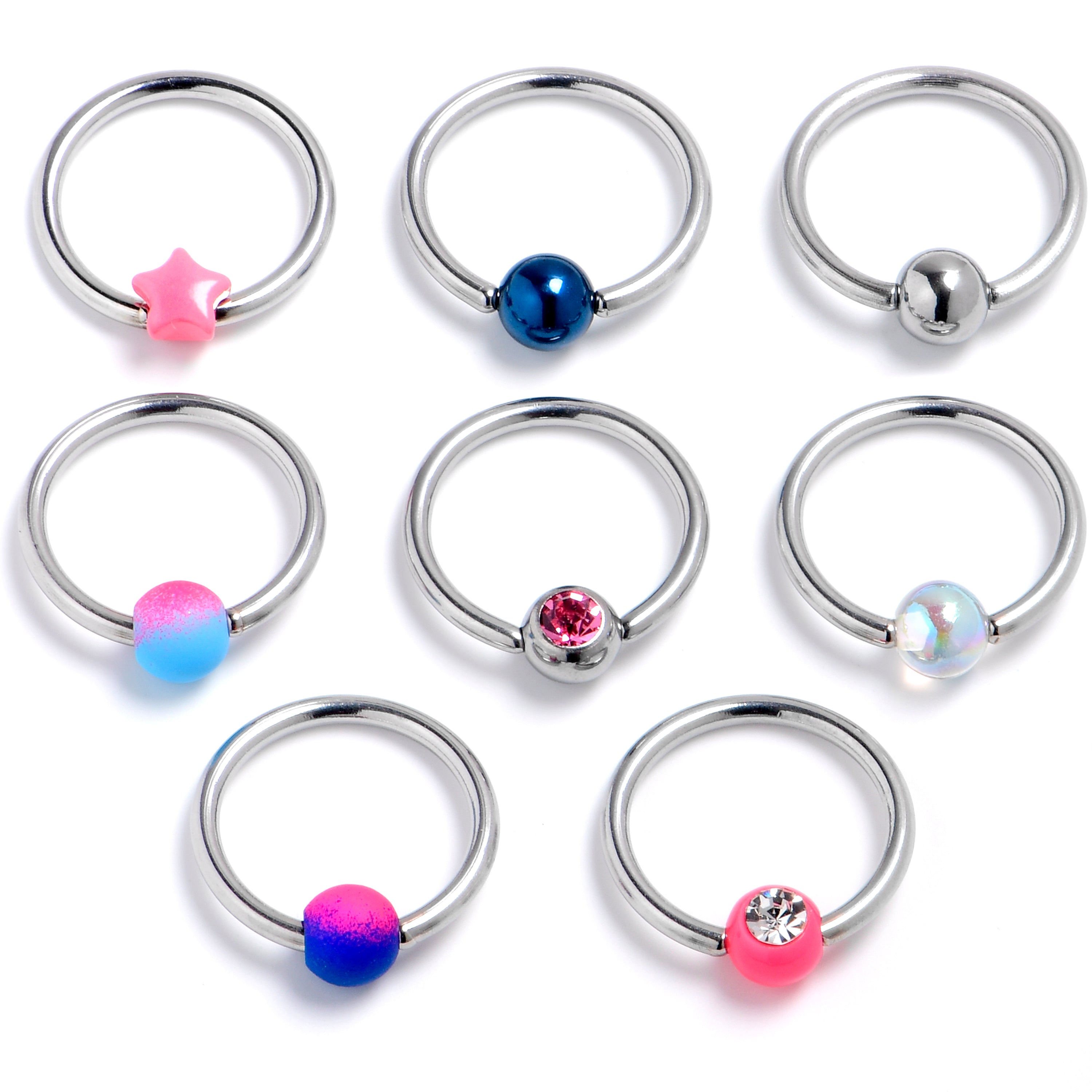 16 Gauge 3/8 Pink Clear Gem Multi Purple Blue BCR Captive Ring Set of 8