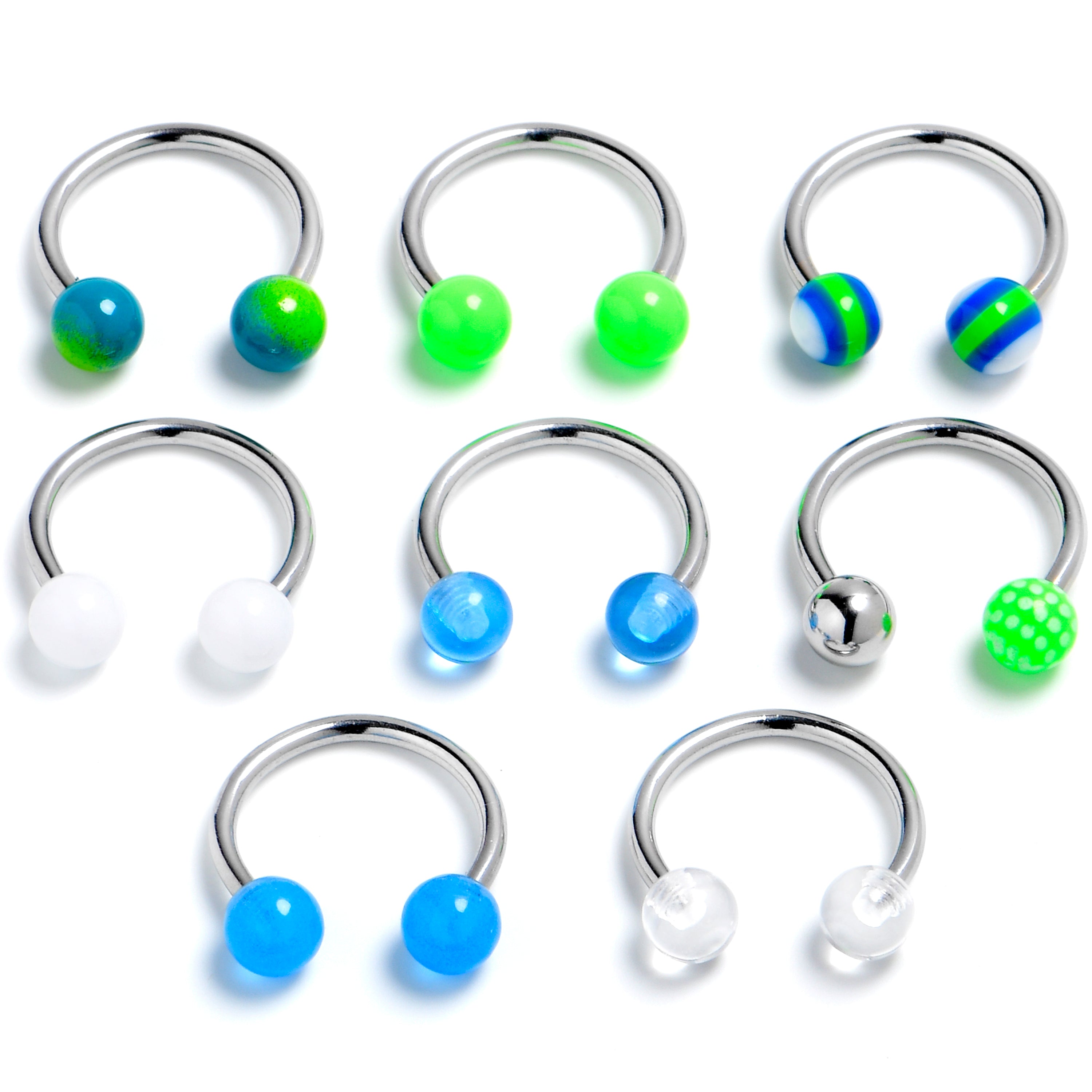 16 Gauge 3/8 Blue White Green Horseshoe Circular Barbell Set of 8