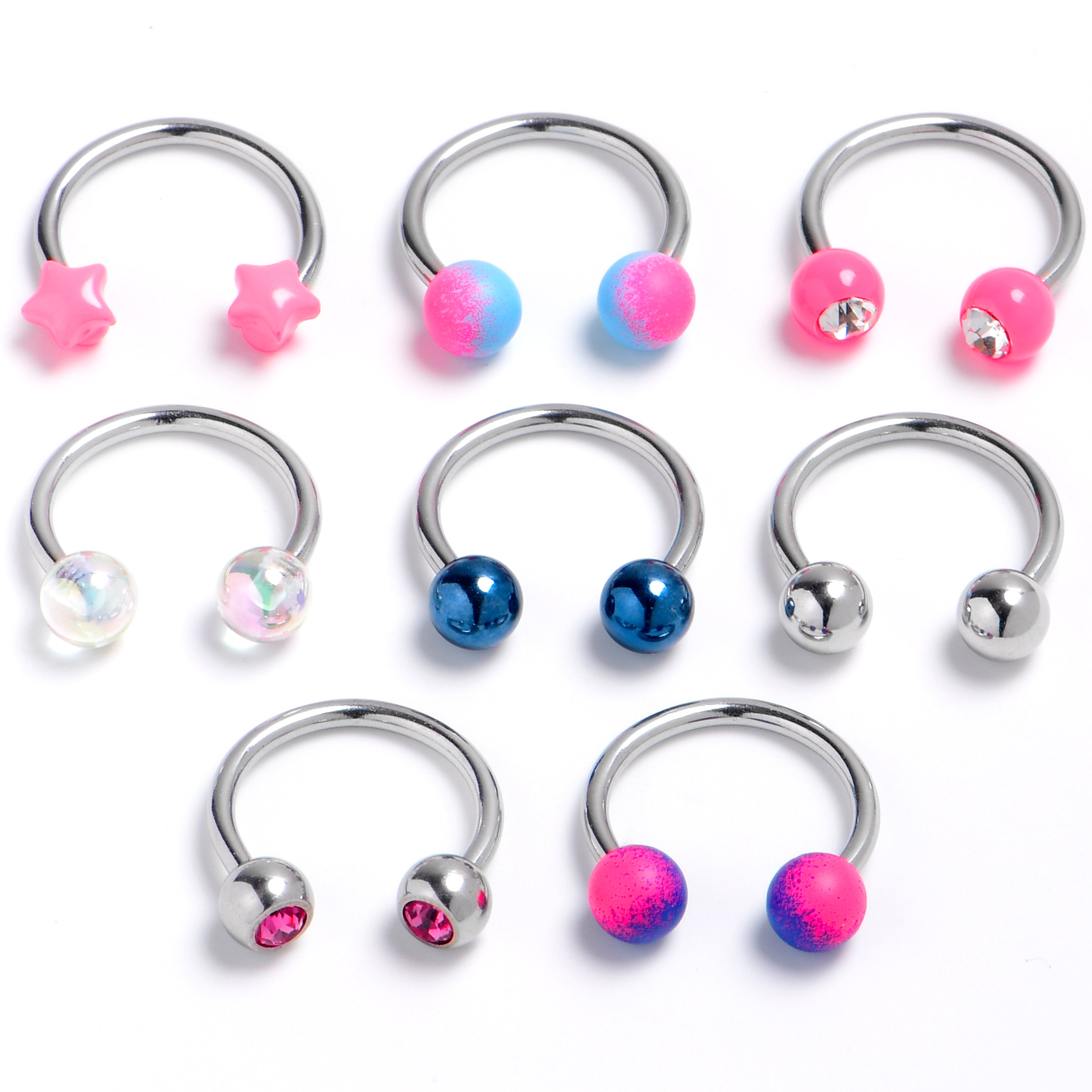 16 Gauge 3/8 Pink Gem Blue Purple Horseshoe Circular Barbell Set of 8