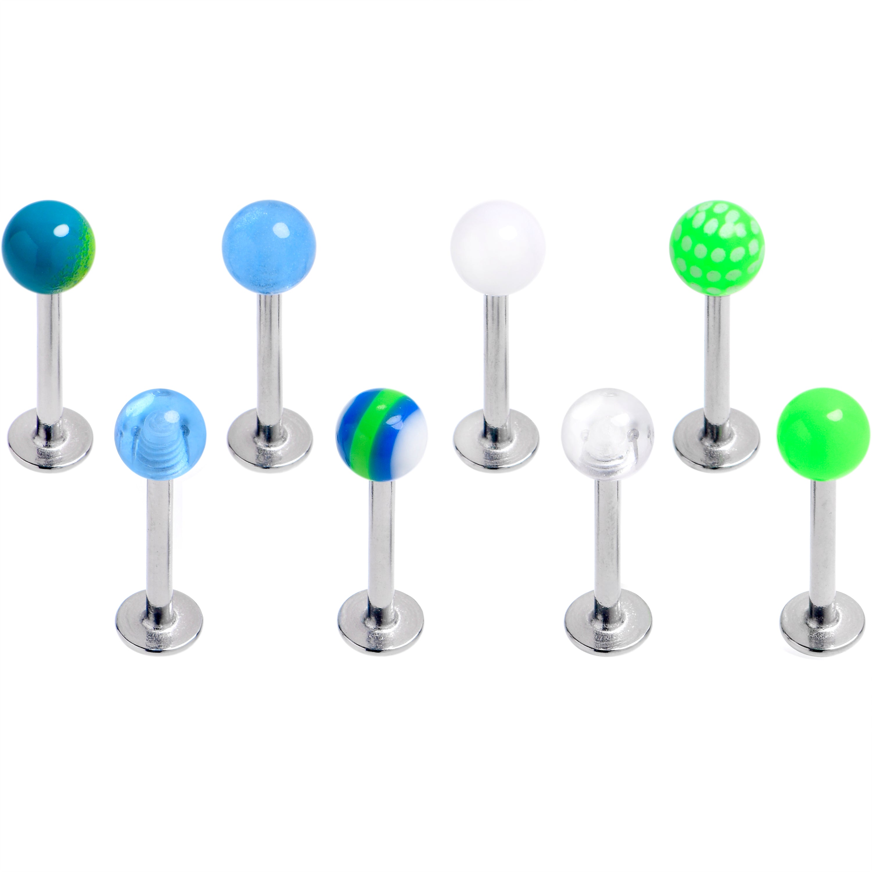 16 Gauge 5/16 Multi Blue Green White Labret Monroe Tragus Set of 8