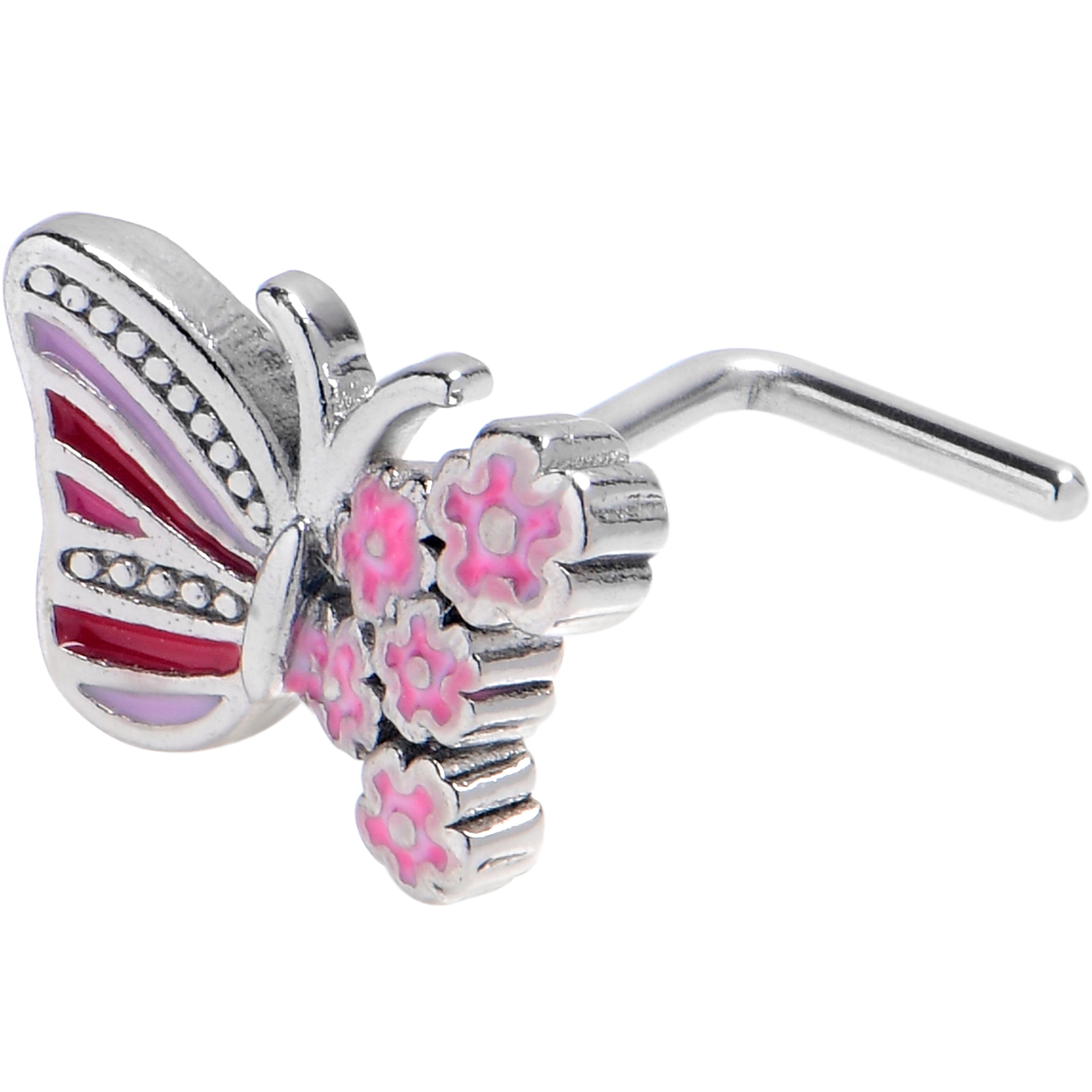 20 Gauge 7mm Flowery Butterfly Pink L Shape Nose Ring