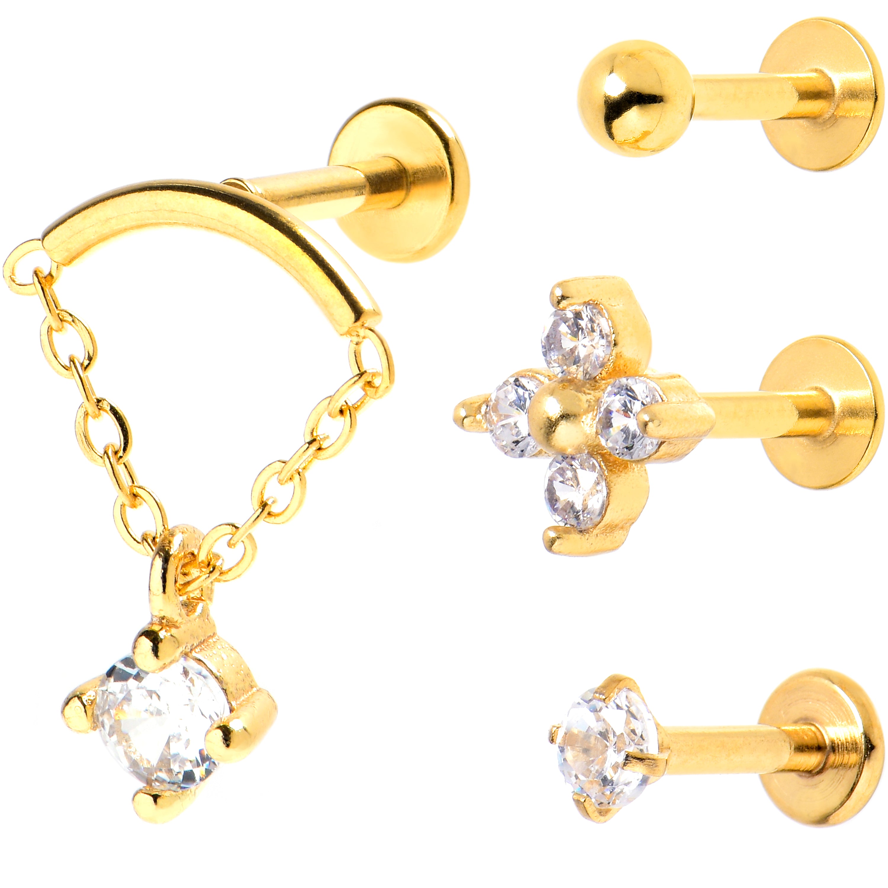 16 Gauge 1/4 Clear CZ Gem Gold Tone Star Dangle Labret Curation Set of 4