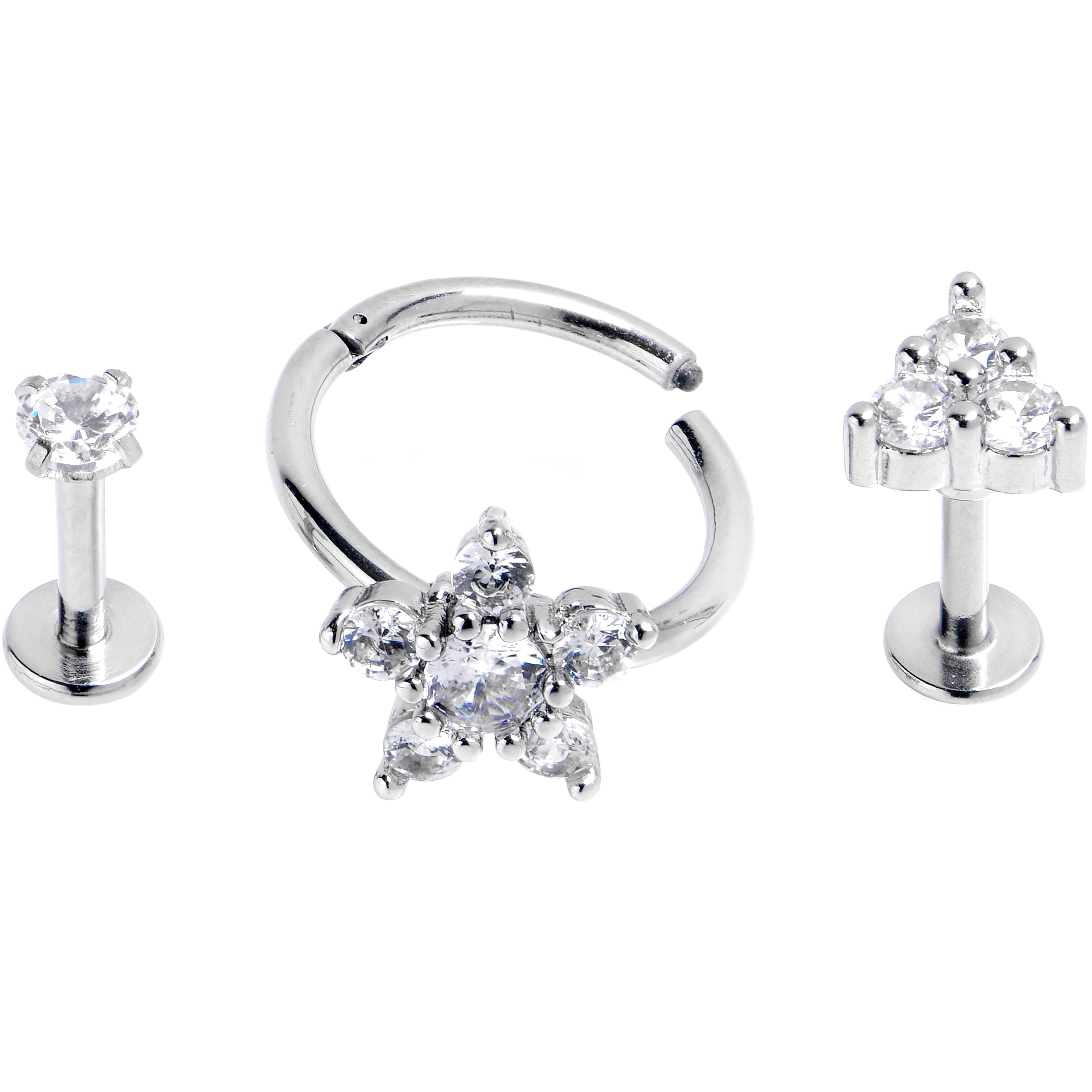 16 Gauge Clear CZ Gem Glam Style Star Labret Segment Ring Set of 3