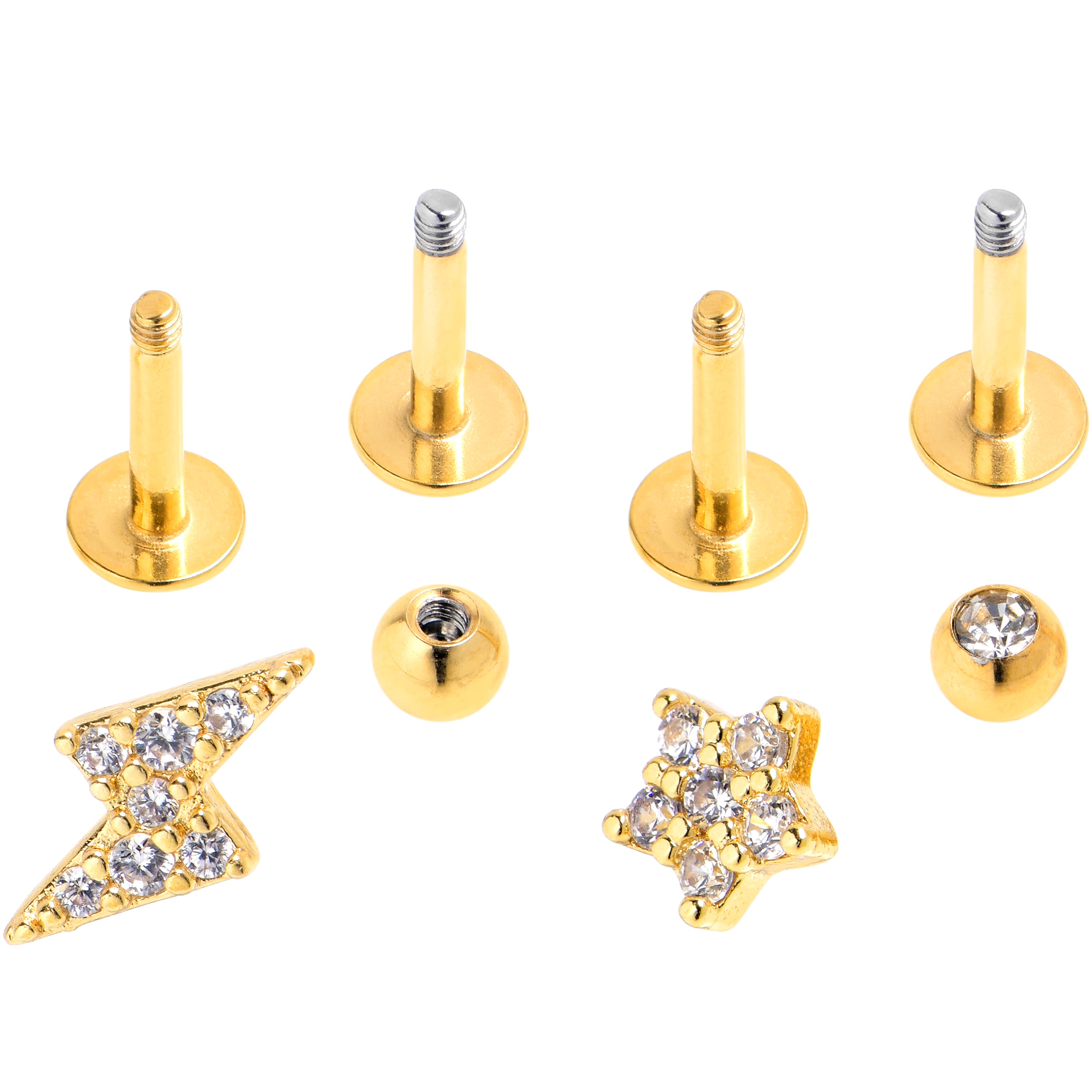 16 Gauge 1/4 Clear CZ Gem Gold Tone Bling Star Labret Tragus Curation Set of 4