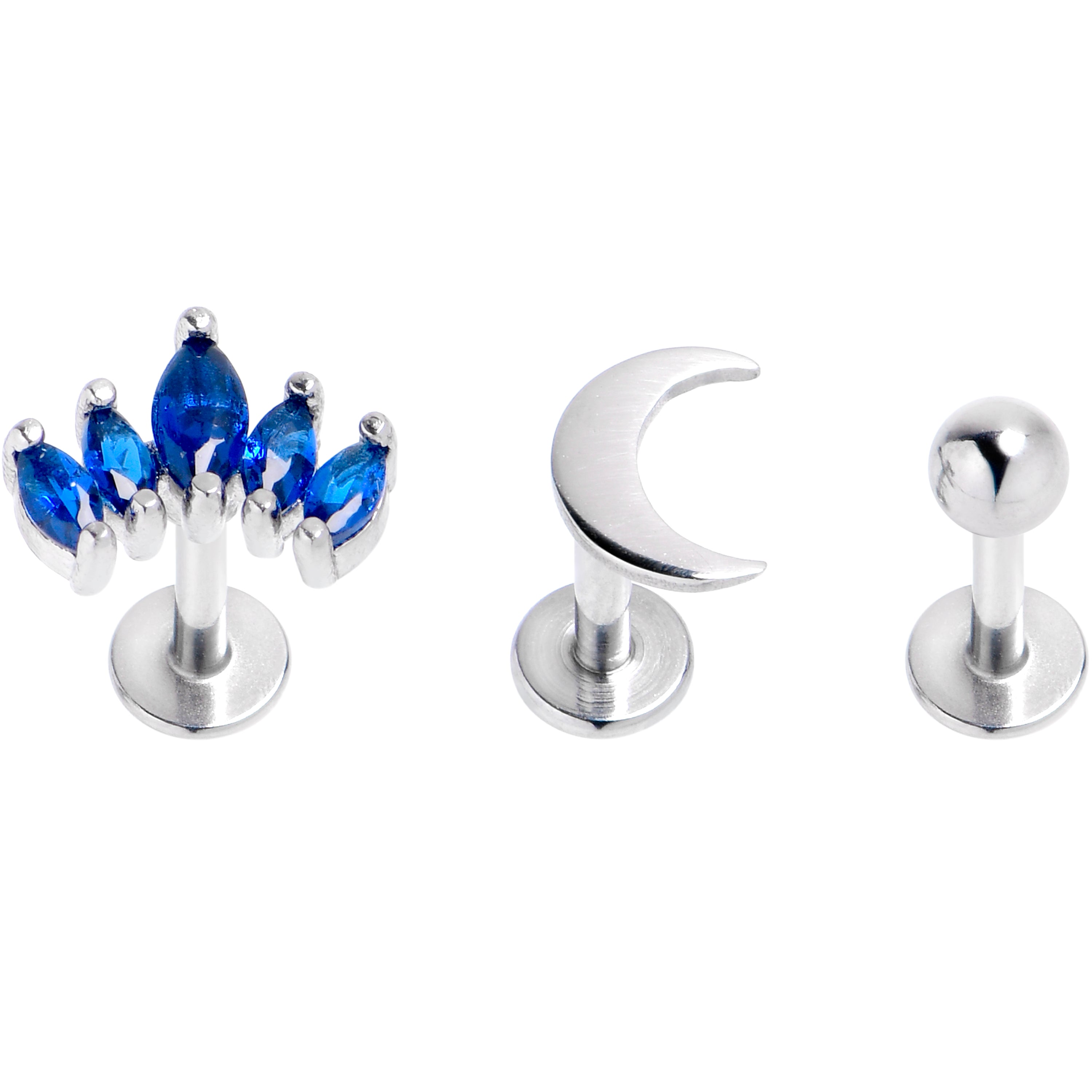 16 Gauge 1/4 Blue CZ Gem Moon Arch Labret Tragus Set of 3