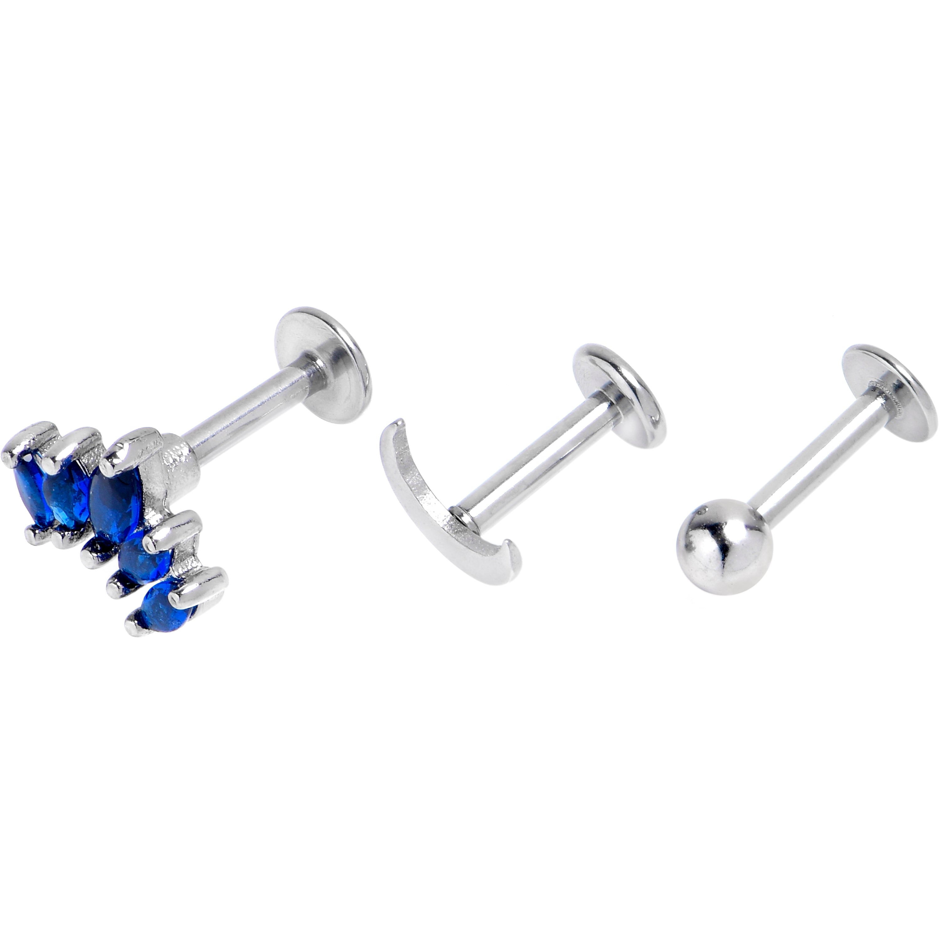 16 Gauge 1/4 Blue CZ Gem Moon Arch Labret Tragus Set of 3