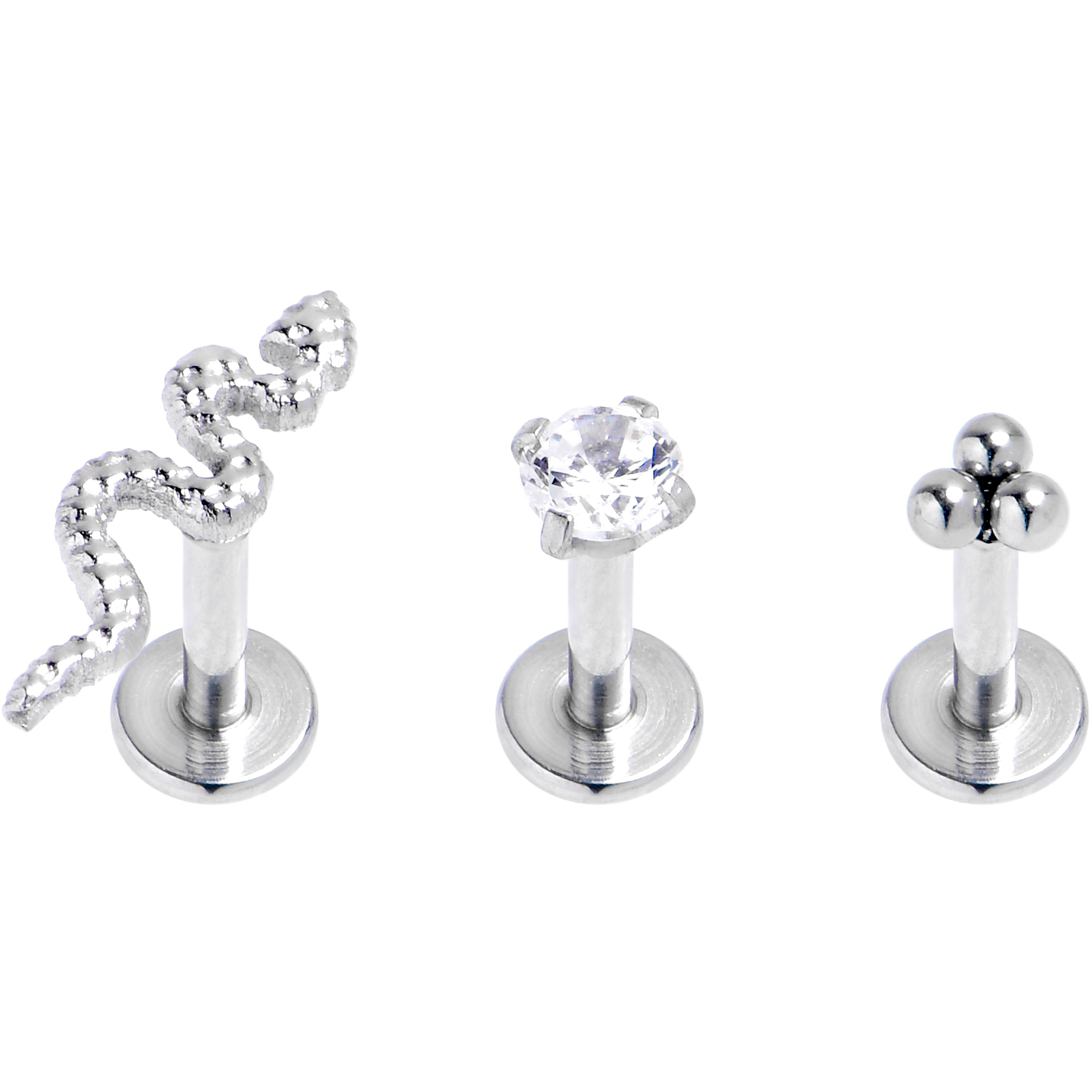 16 Gauge 1/4 Clear CZ Gem Snake Ball Trio Labret Tragus Set of 3