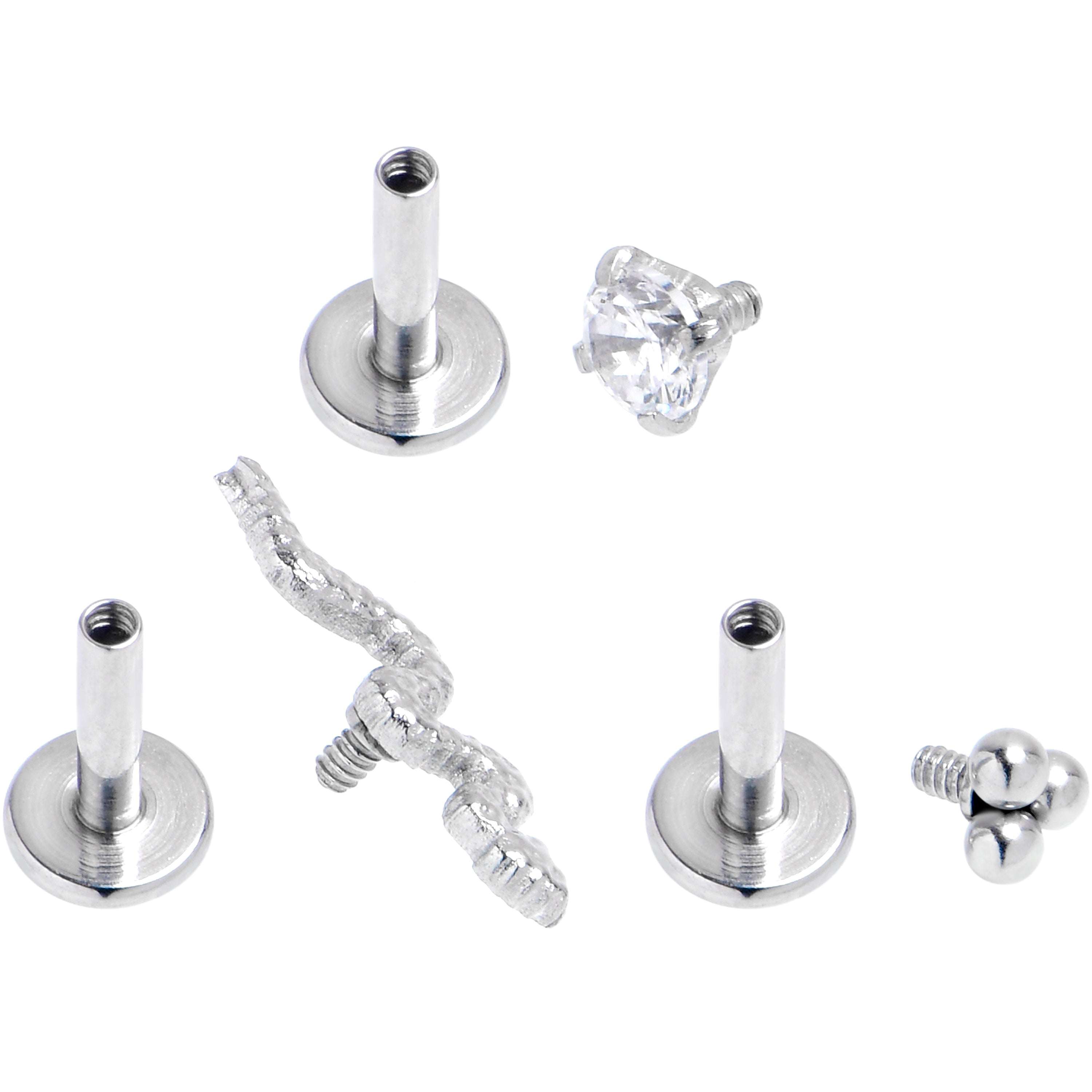 16 Gauge 1/4 Clear CZ Gem Snake Ball Trio Labret Tragus Set of 3