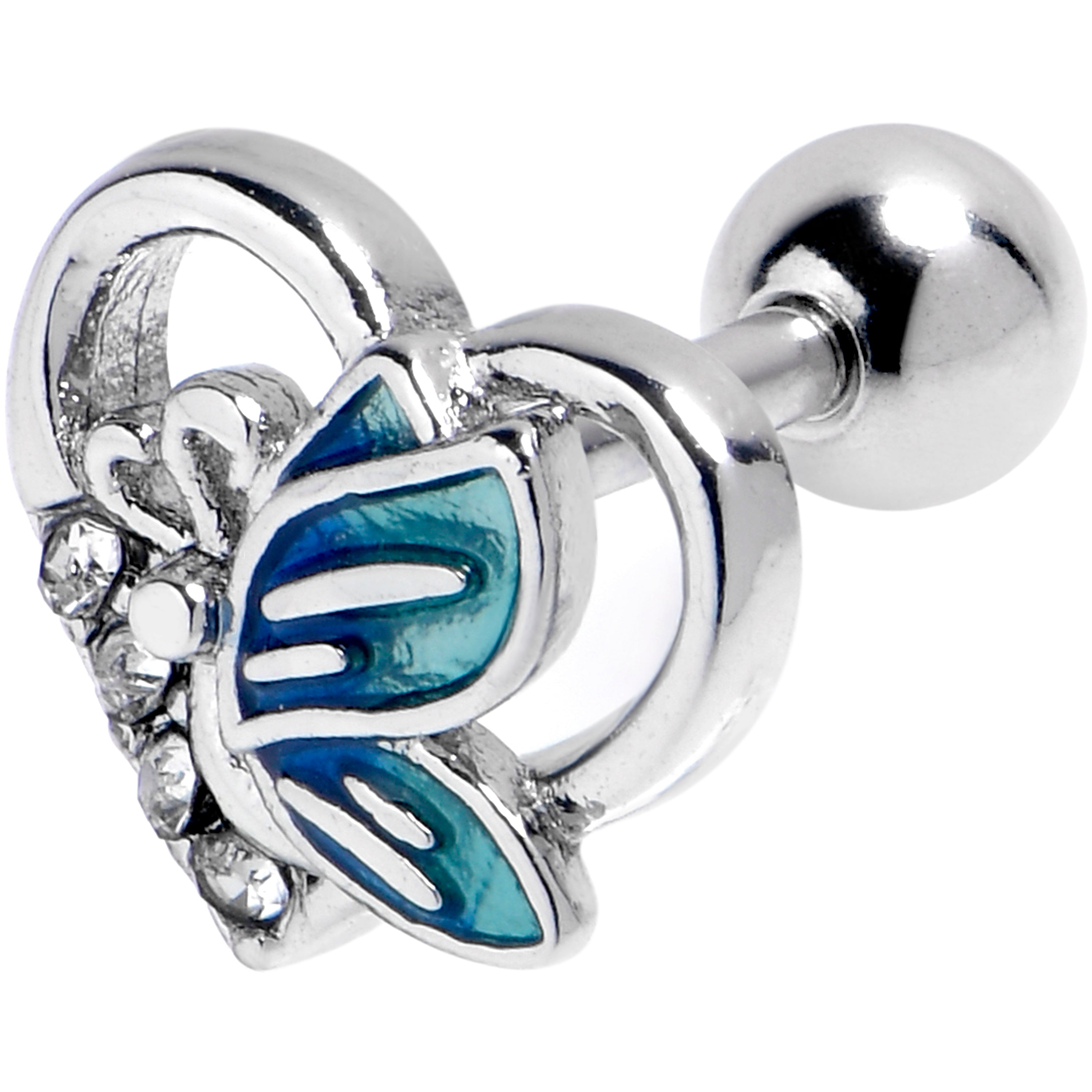 16 Gauge 1/4 Clear Gem Butterfly Love Blue Cartilage Tragus Earring