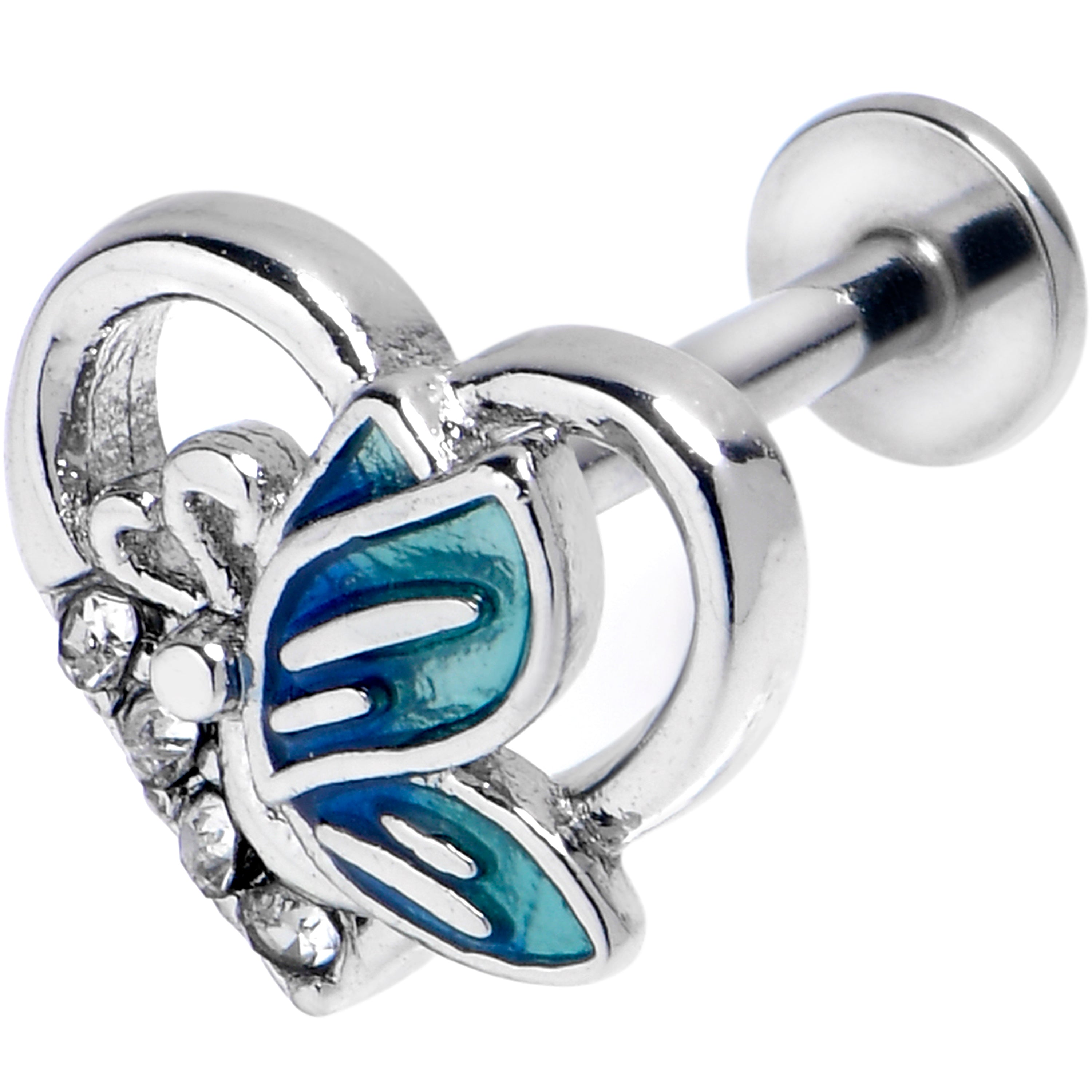 16 Gauge 1/4 Clear Gem Butterfly Love Heart Blue Labret Tragus