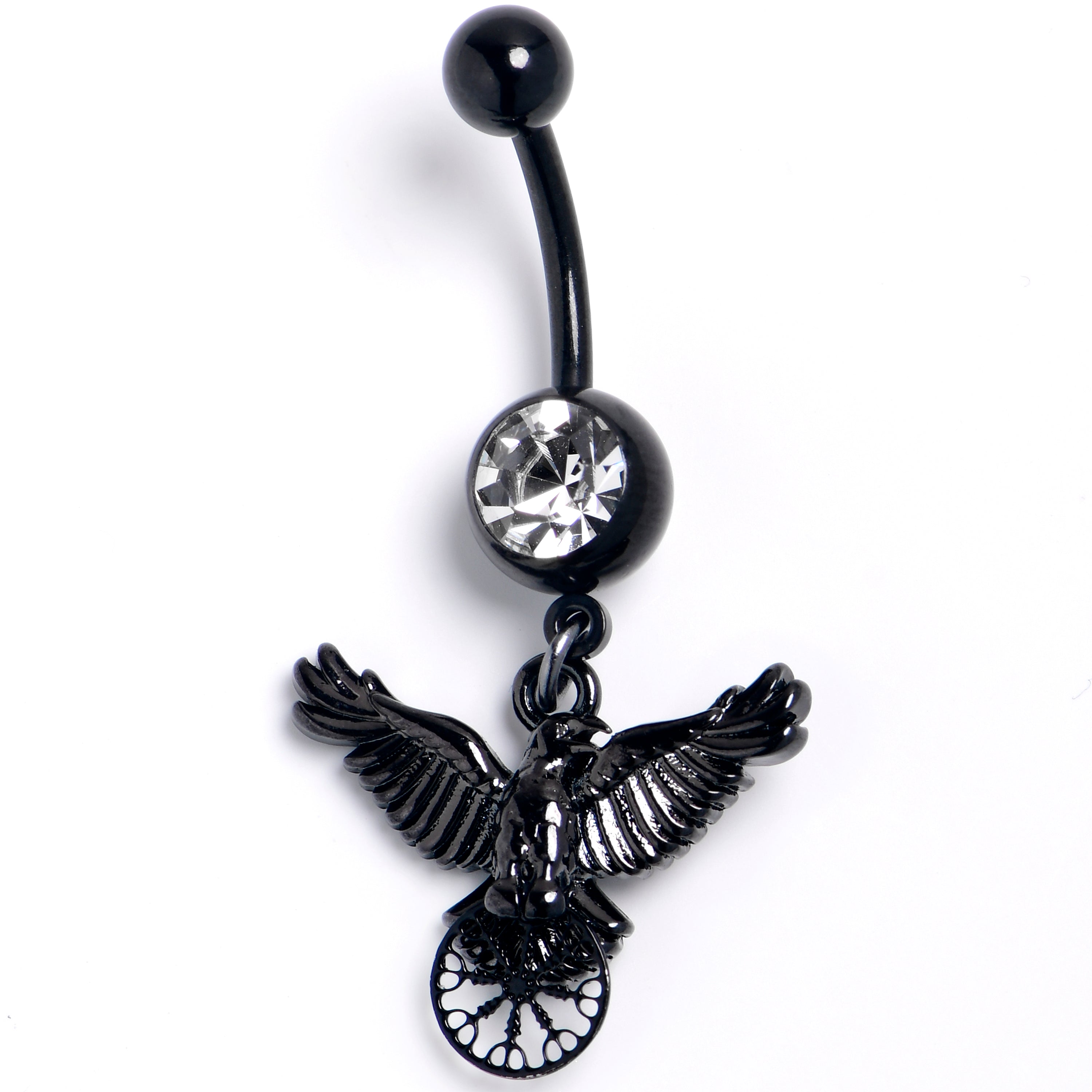 Clear Gem Black Raven Bird Wheel Dangle Belly Ring