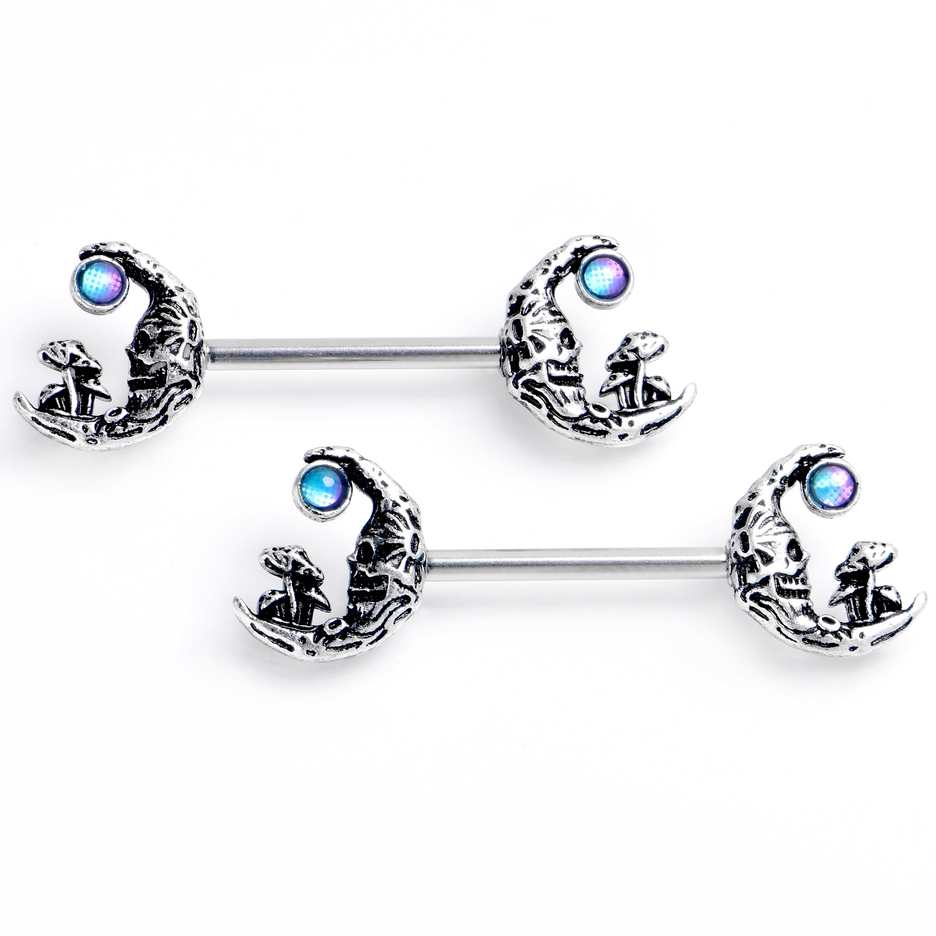 14 Gauge 9/16 Mushrooms on the Moon Blue Barbell Nipple Ring Set