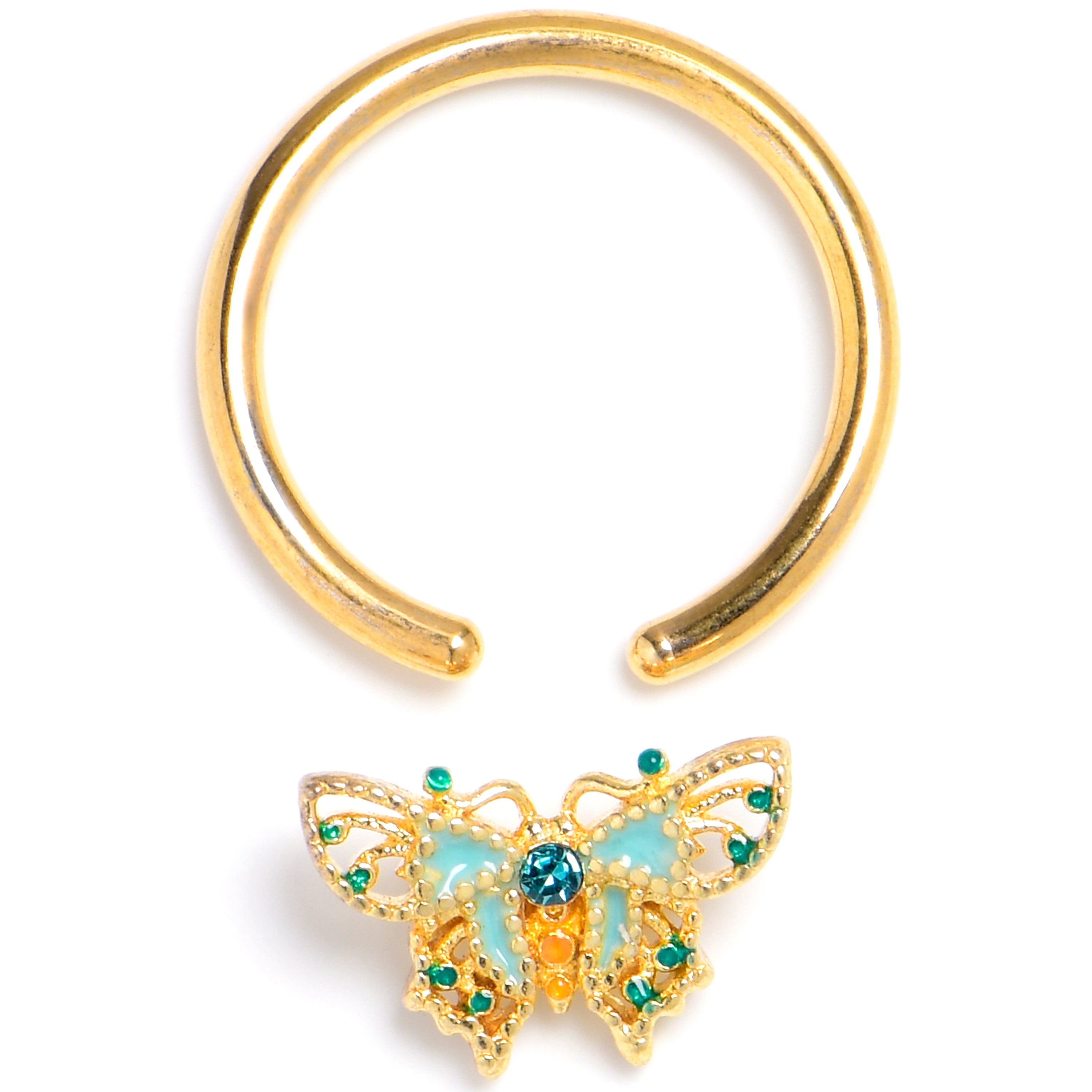 16 Gauge 3/8 Blue Gem Gold Tone Rococo Butterfly BCR Captive Ring