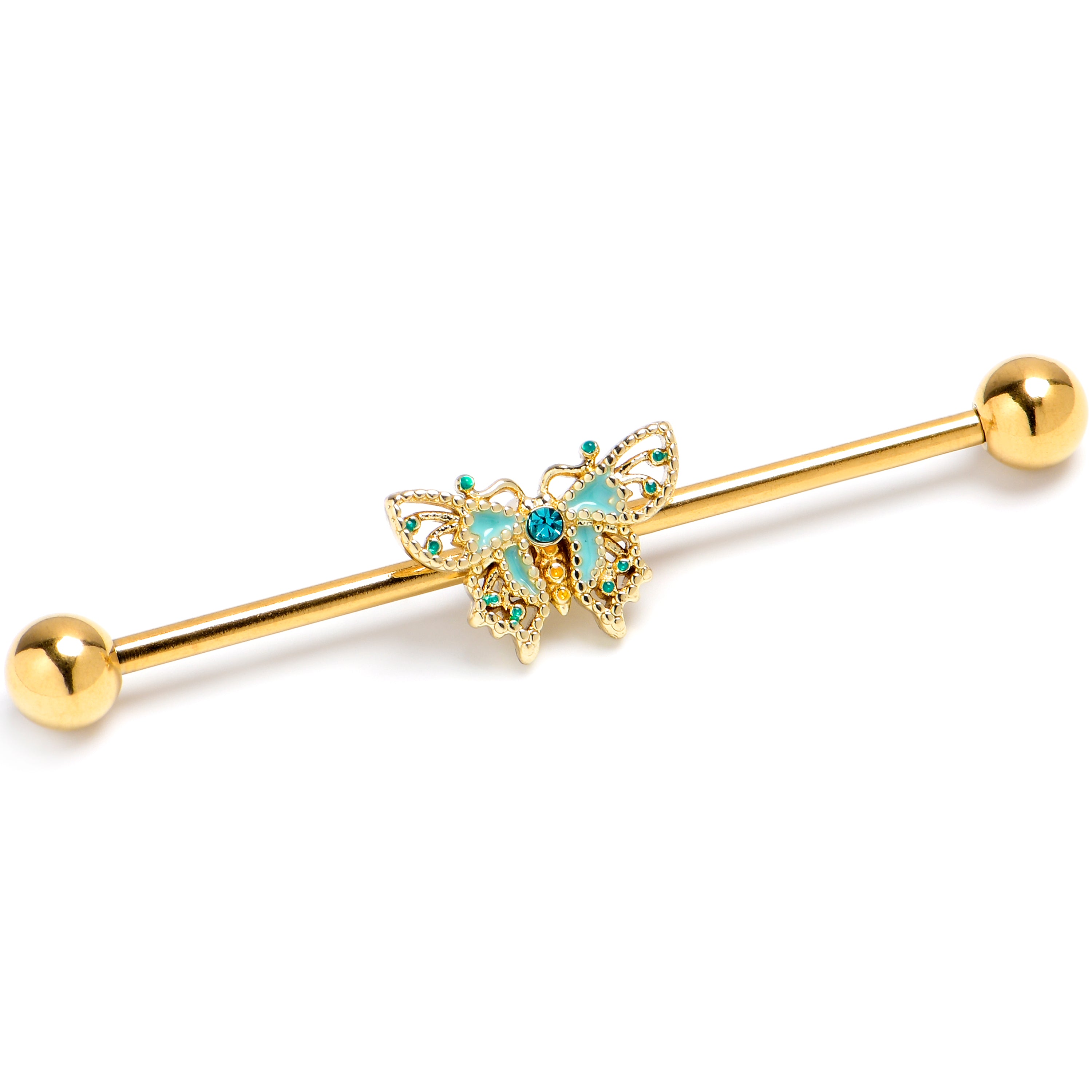 14 Gauge Blue Gem Gold Tone Rococo Butterfly Industrial Barbell 38mm