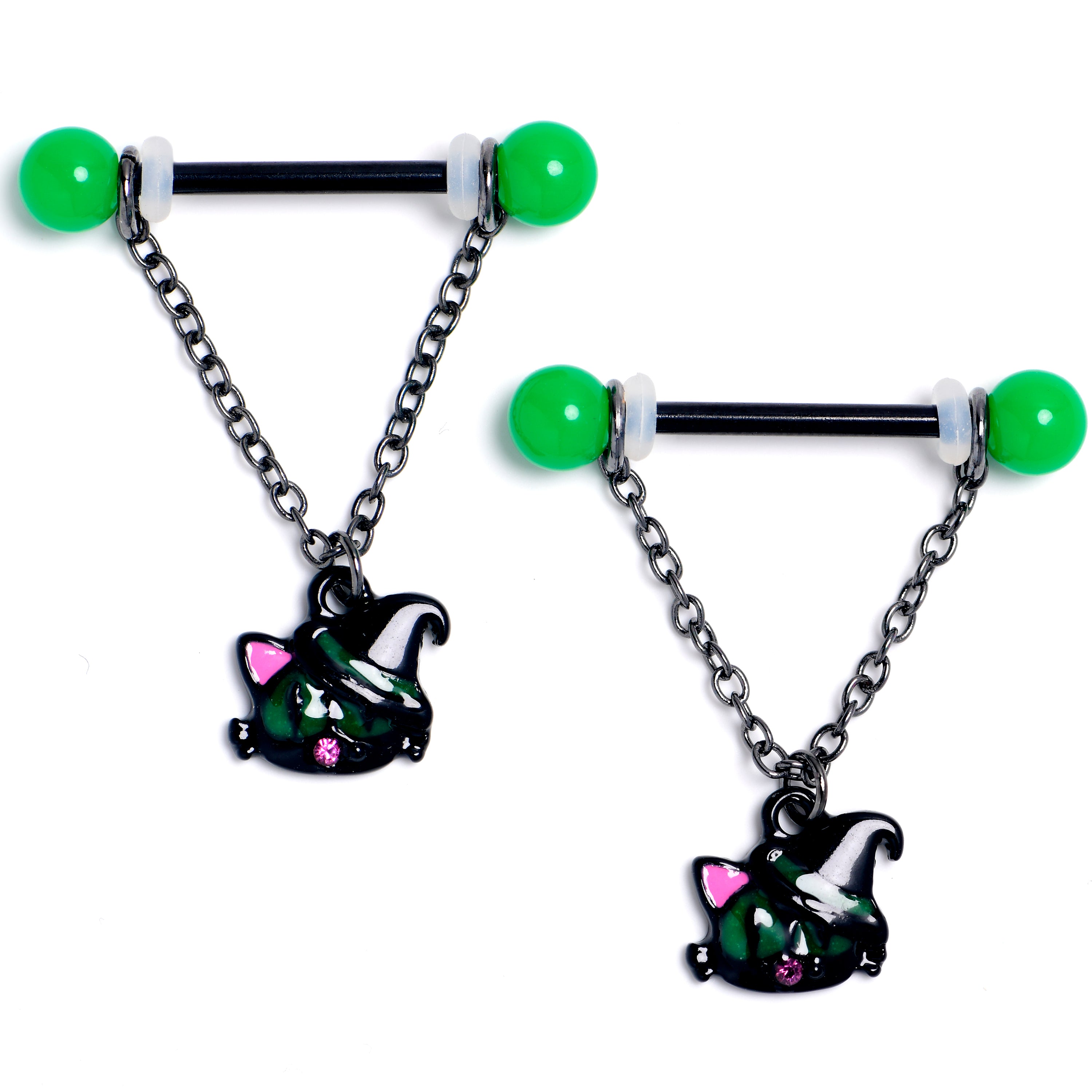 14 Gauge 9/16 Pink Gem Black Halloween Hat Cat Dangle Nipple Ring Set