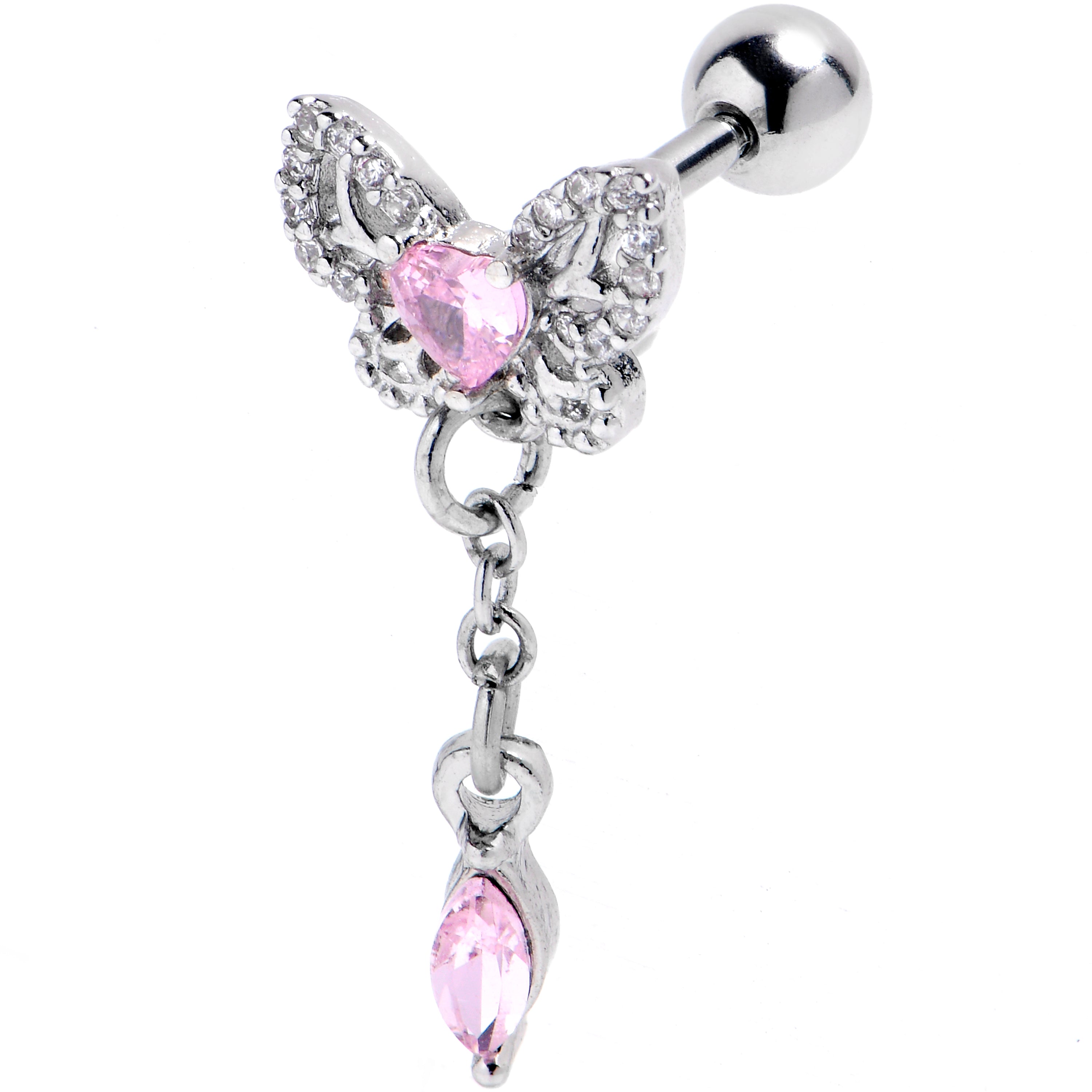 16 Gauge 1/4 Pink CZ Gem Butterfly Delight Cartilage Tragus Earring