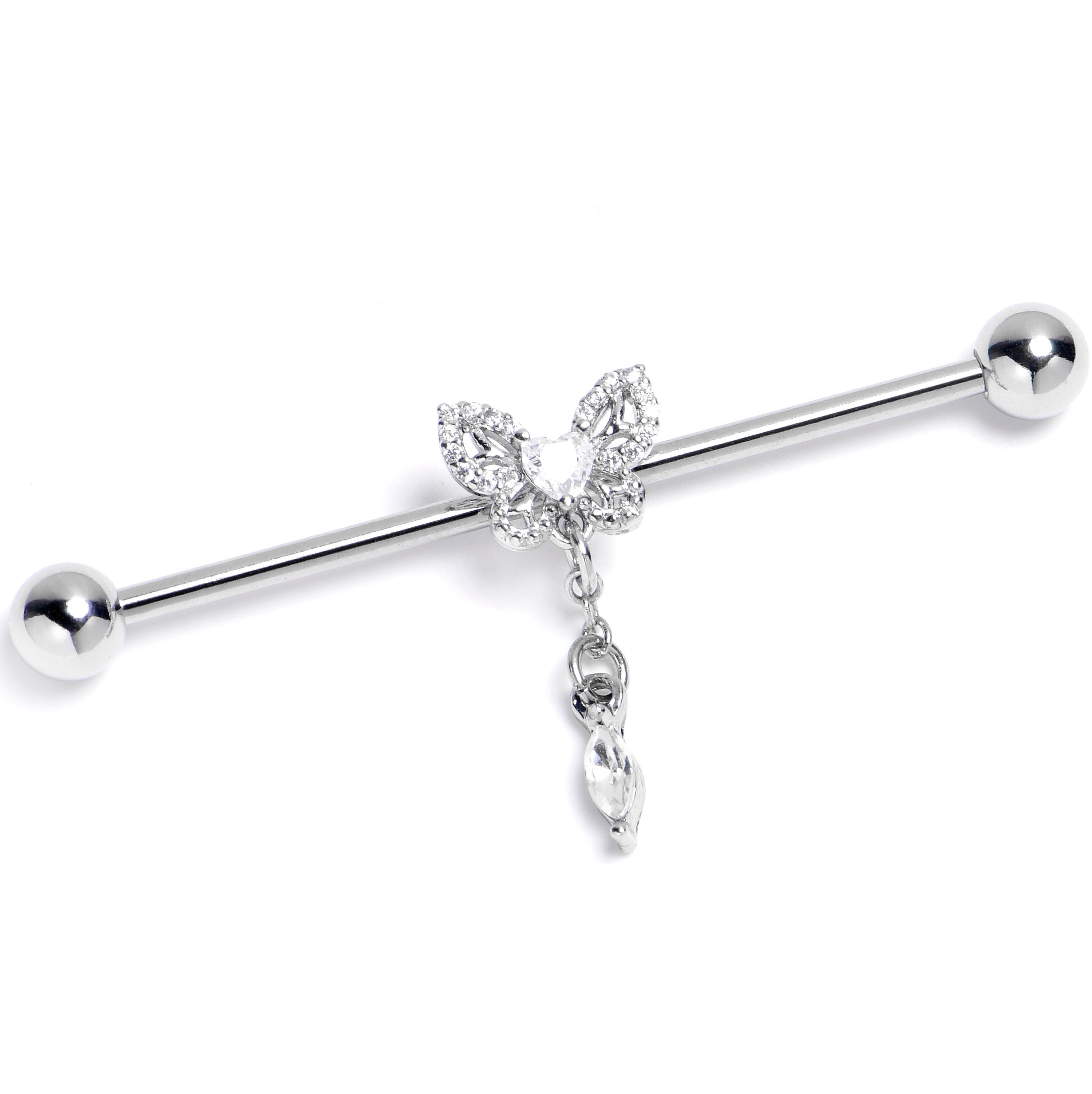 14 Gauge Clear CZ Gem Butterfly Delight Dangle Industrial Barbell 38mm