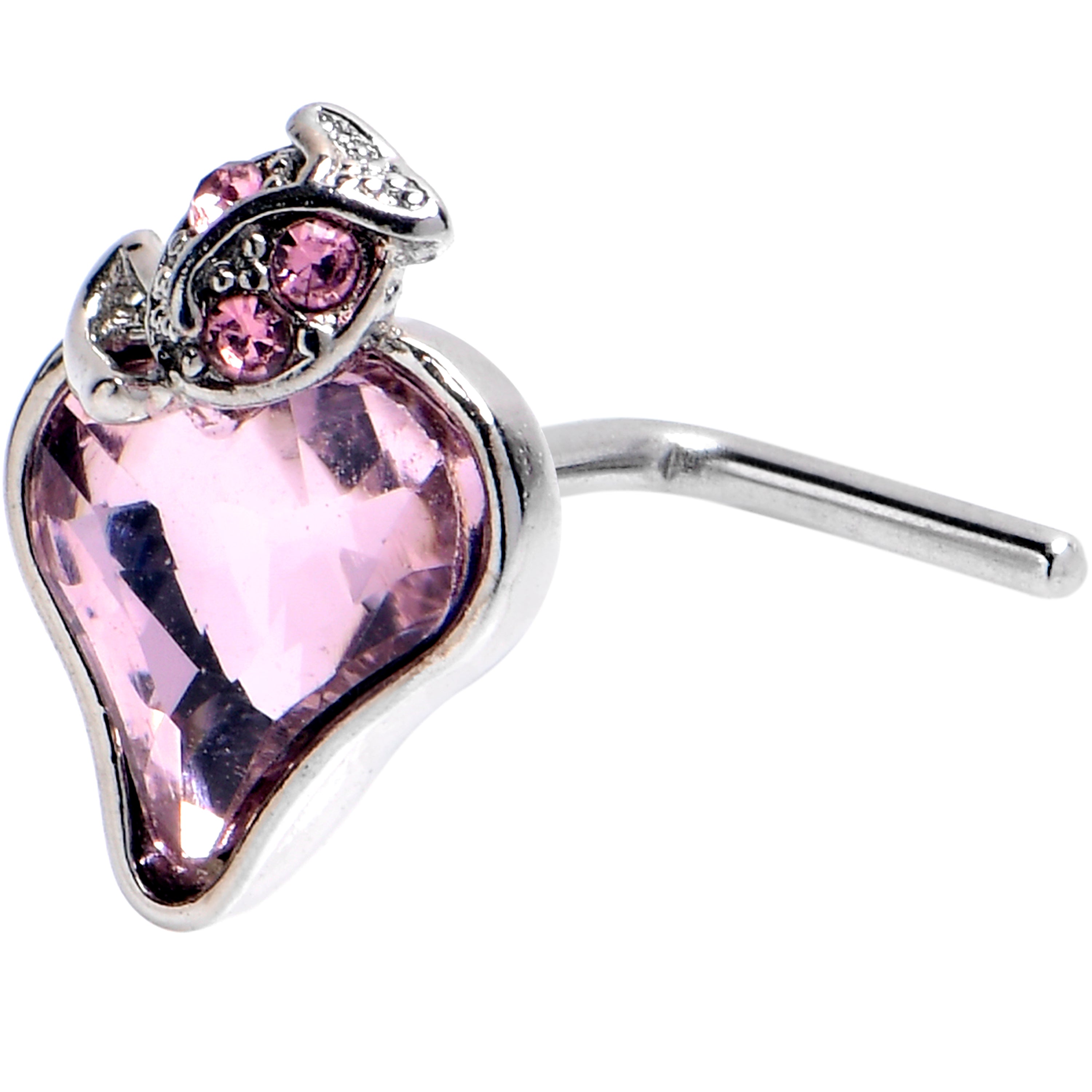 20 Gauge 5/16 Pink Gem Strawberry Love Heart L Shape Nose Ring