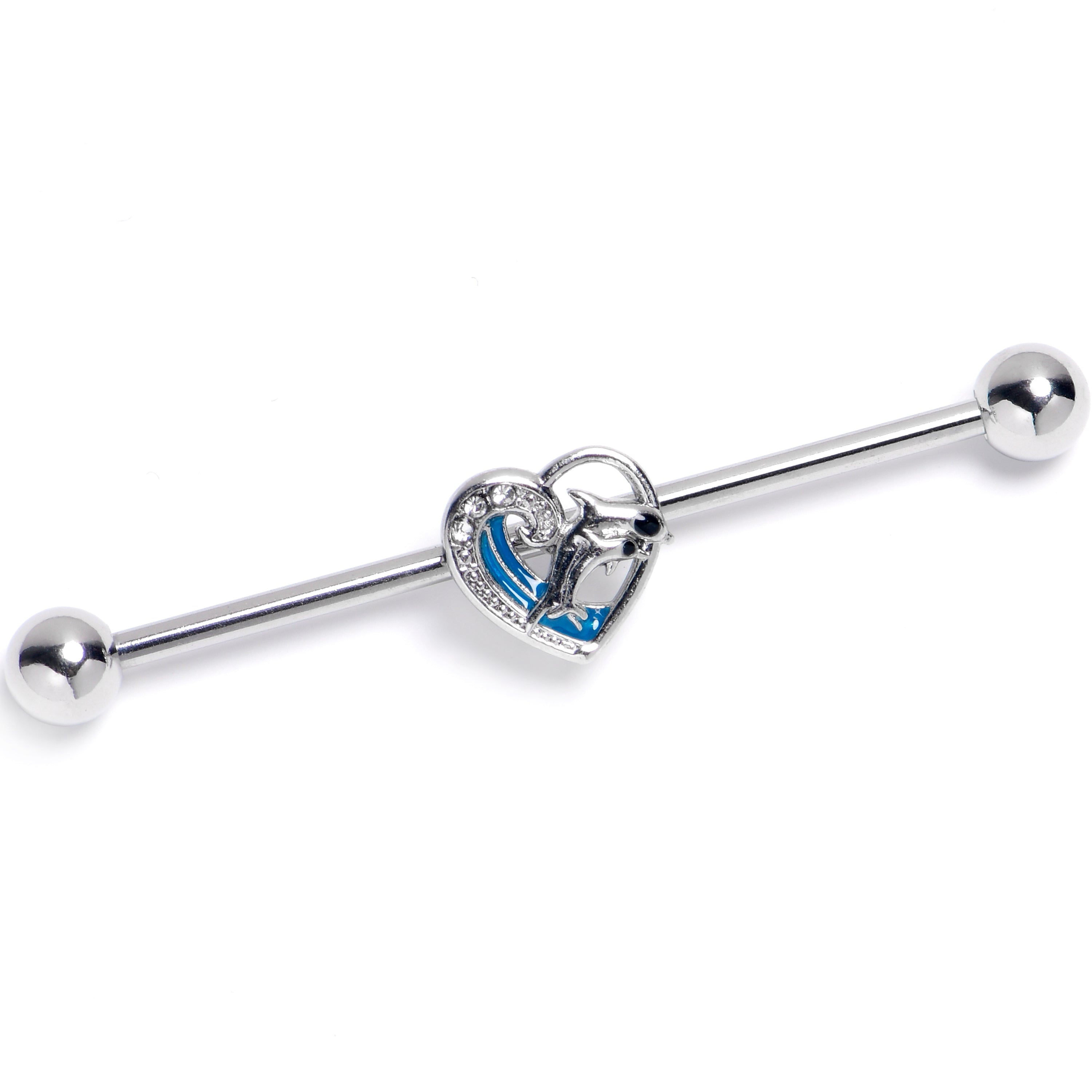 14 Gauge Clear Gem Dolphin Heart Delight Industrial Barbell 38mm