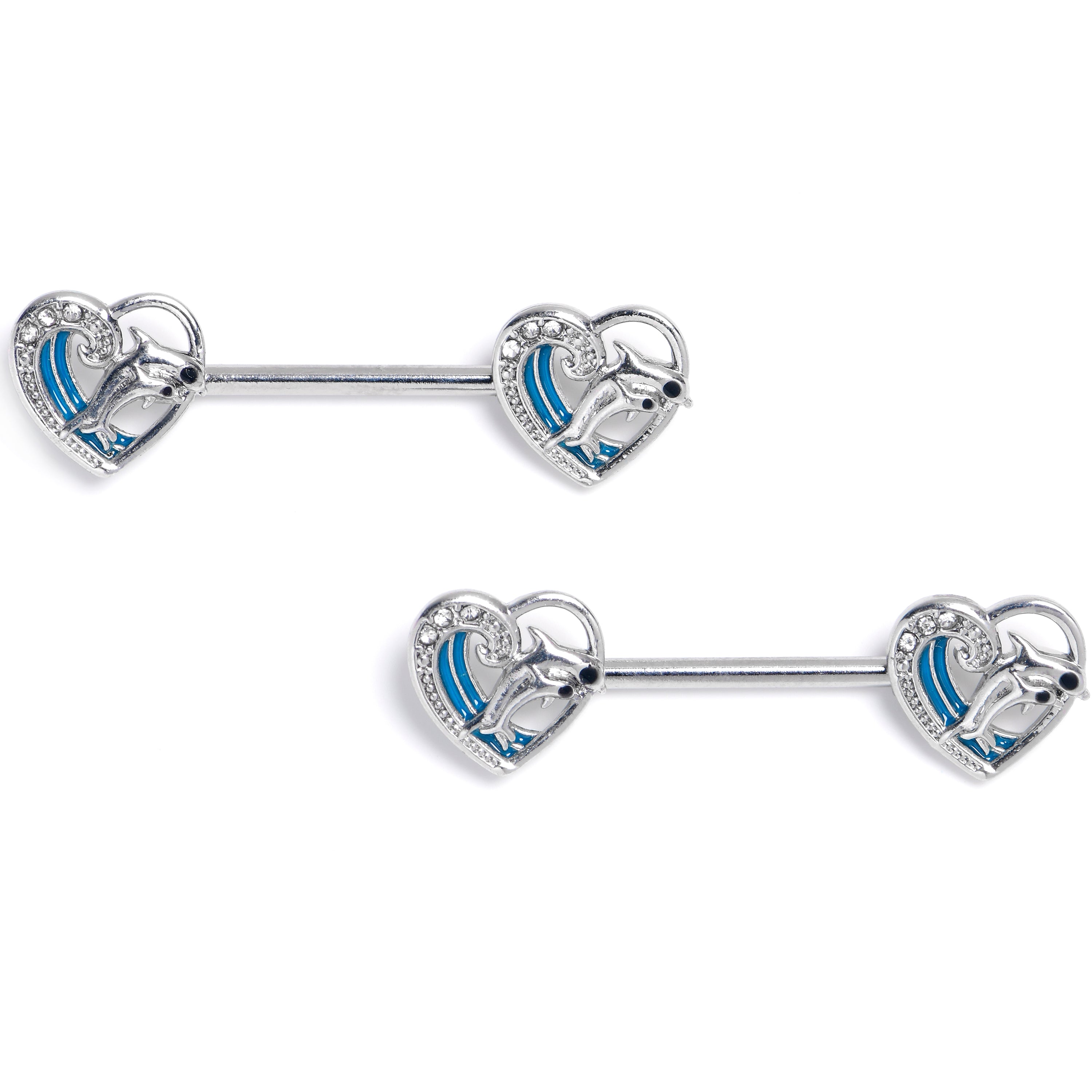 14 Gauge 9/16 Clear Gem Dolphin Heart Delight Barbell Nipple Ring Set