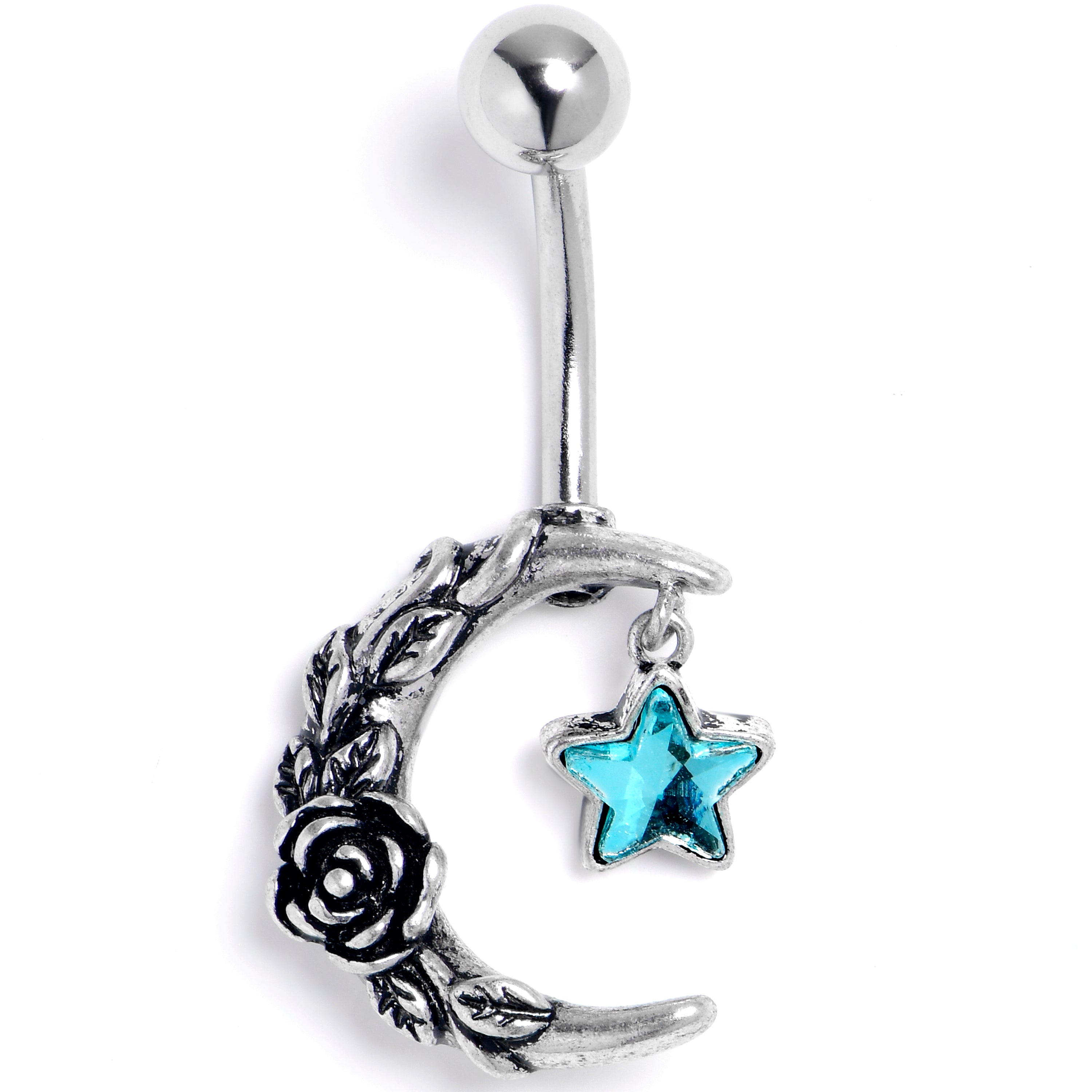 Blue Gem Ornate Moon Star Belly Ring