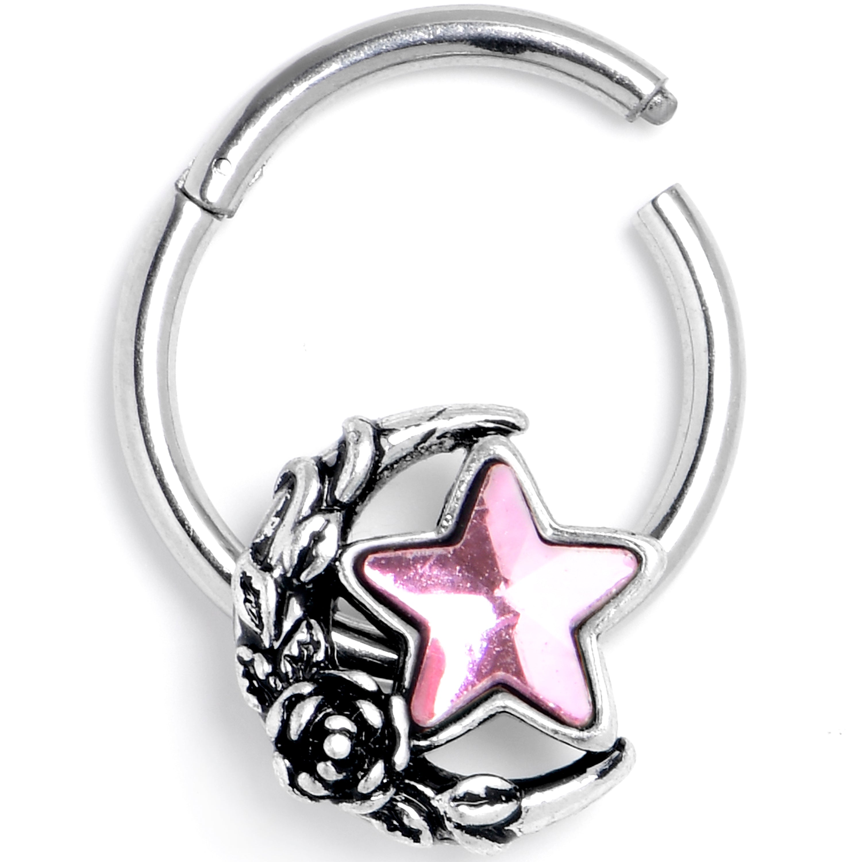 16 Gauge 3/8 Pink Gem Ornate Moon Star Hinged Segment Ring