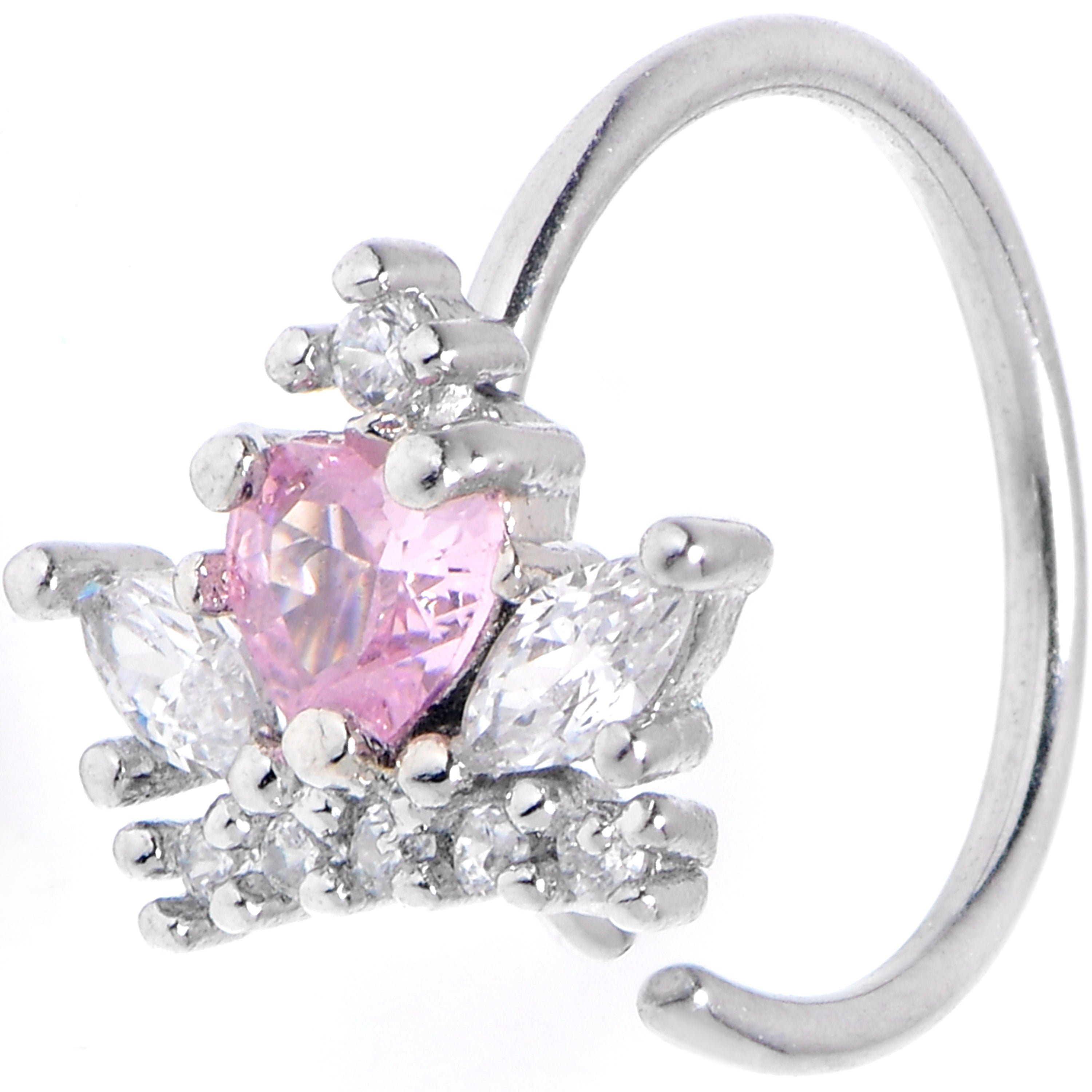 20 Gauge 5/16 Clear Pink Gem Heart Crown Nose Hoop