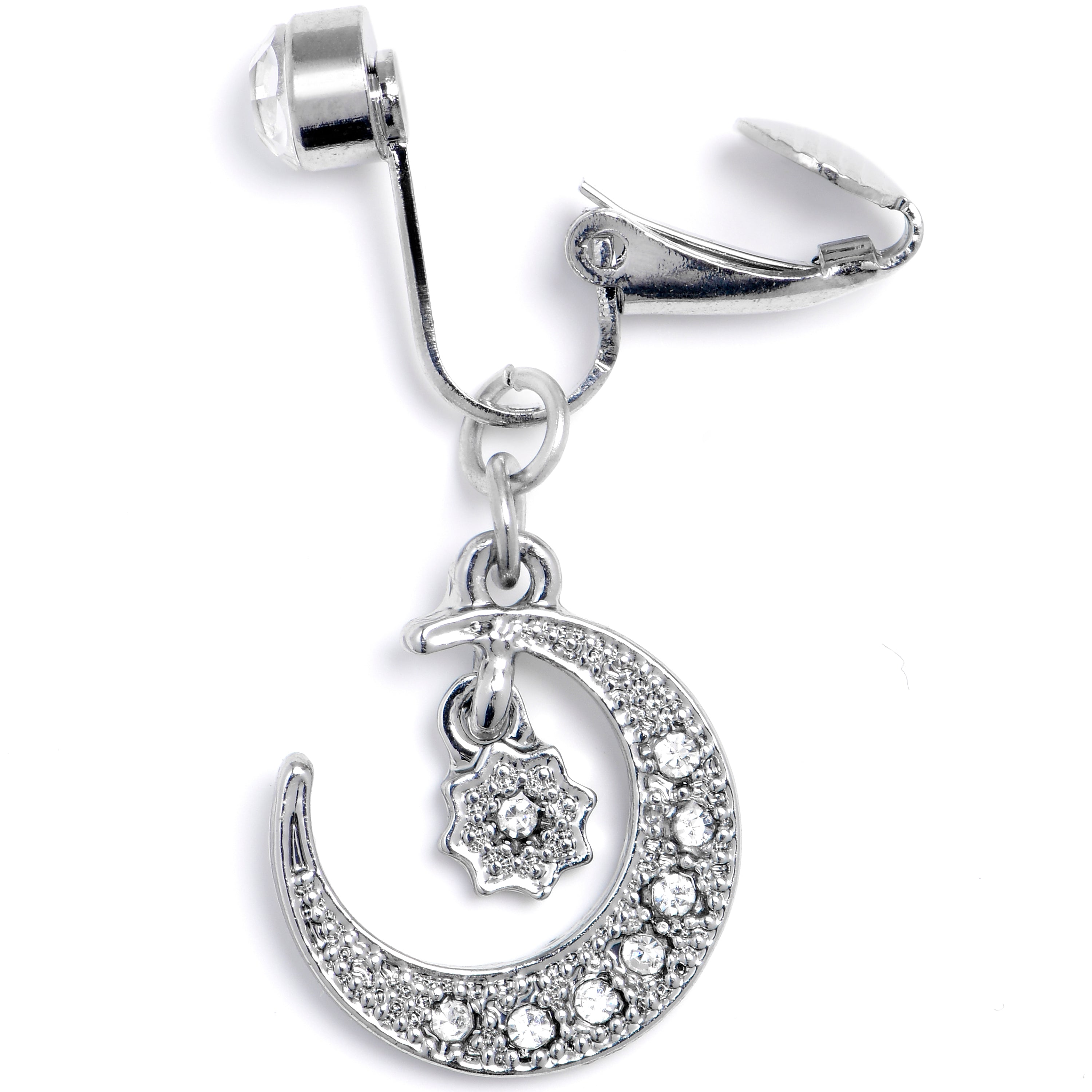 Clear CZ Gem Moon and Star Dangle Clip on Fake Belly Ring