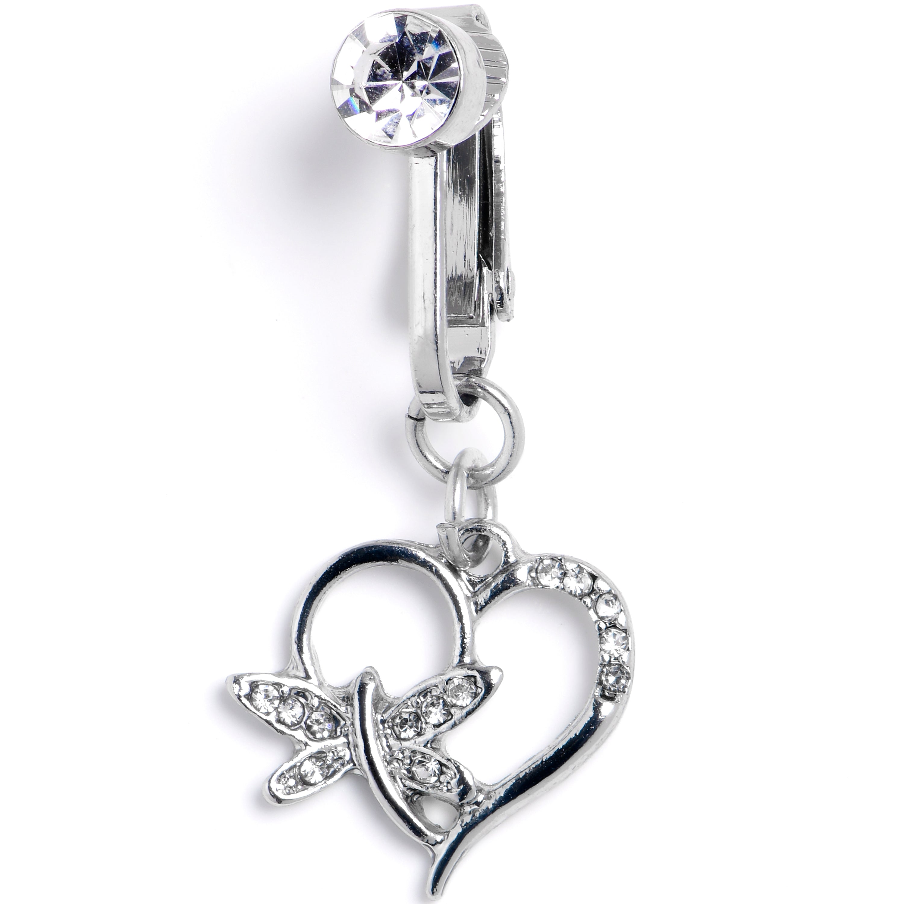 Clear CZ Gem Heart Dragonfly Love Dangle Clip on Fake Belly Ring