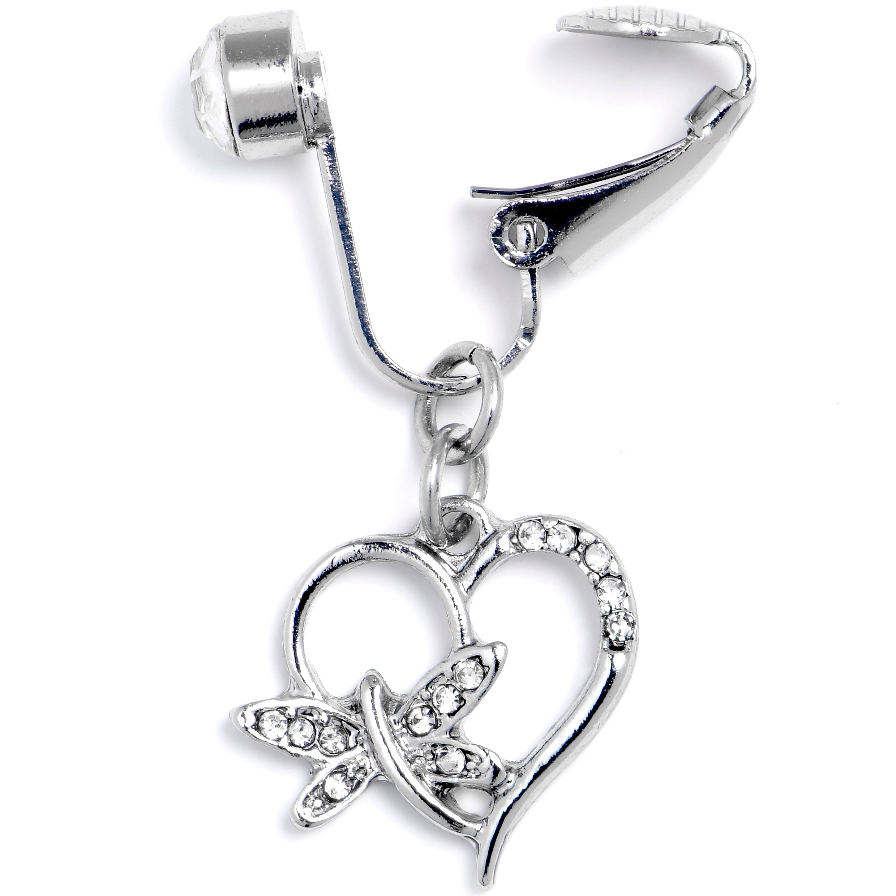 Clear CZ Gem Heart Dragonfly Love Dangle Clip on Fake Belly Ring