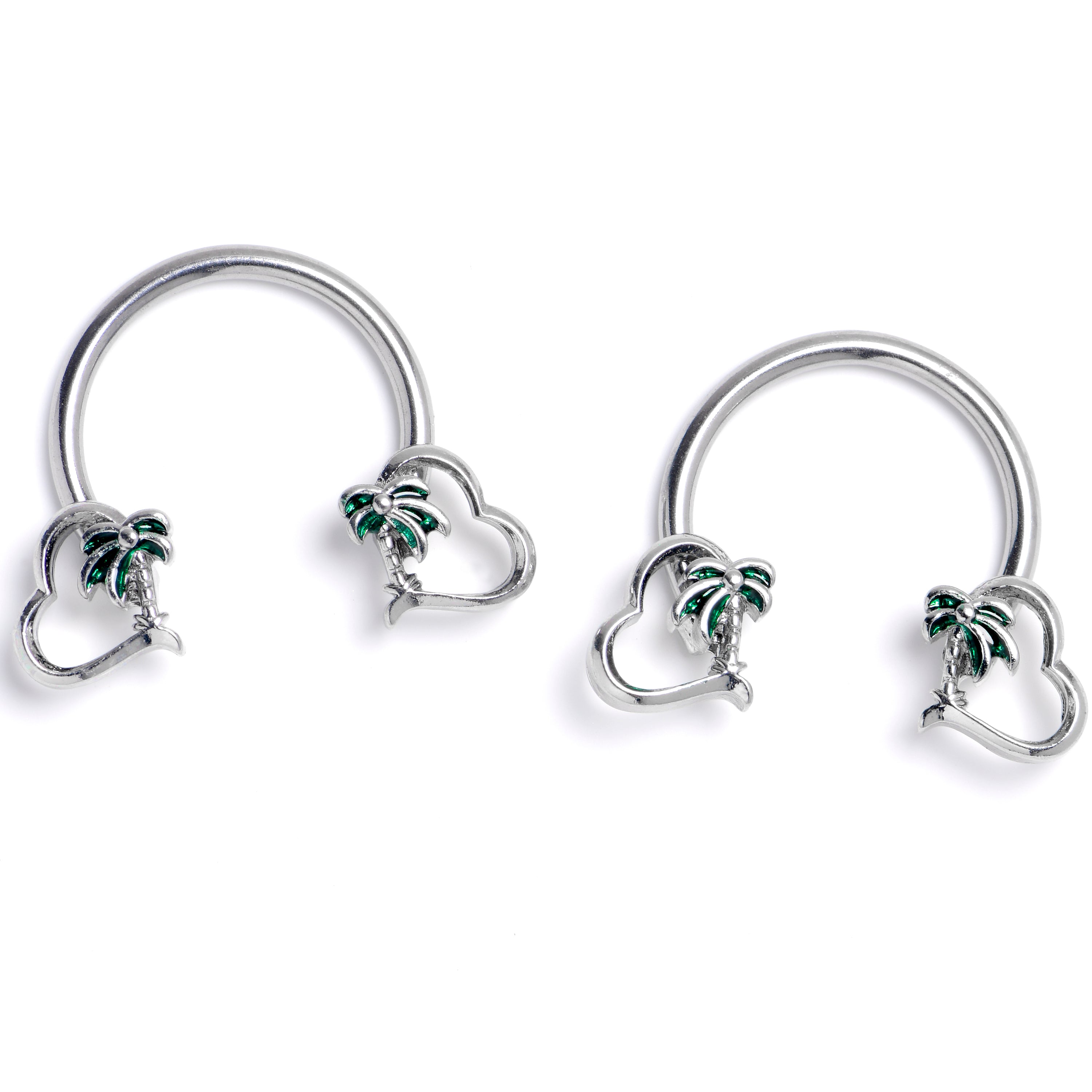 14 Gauge 9/16 Palm Tree Love Horseshoe Nipple Ring Set