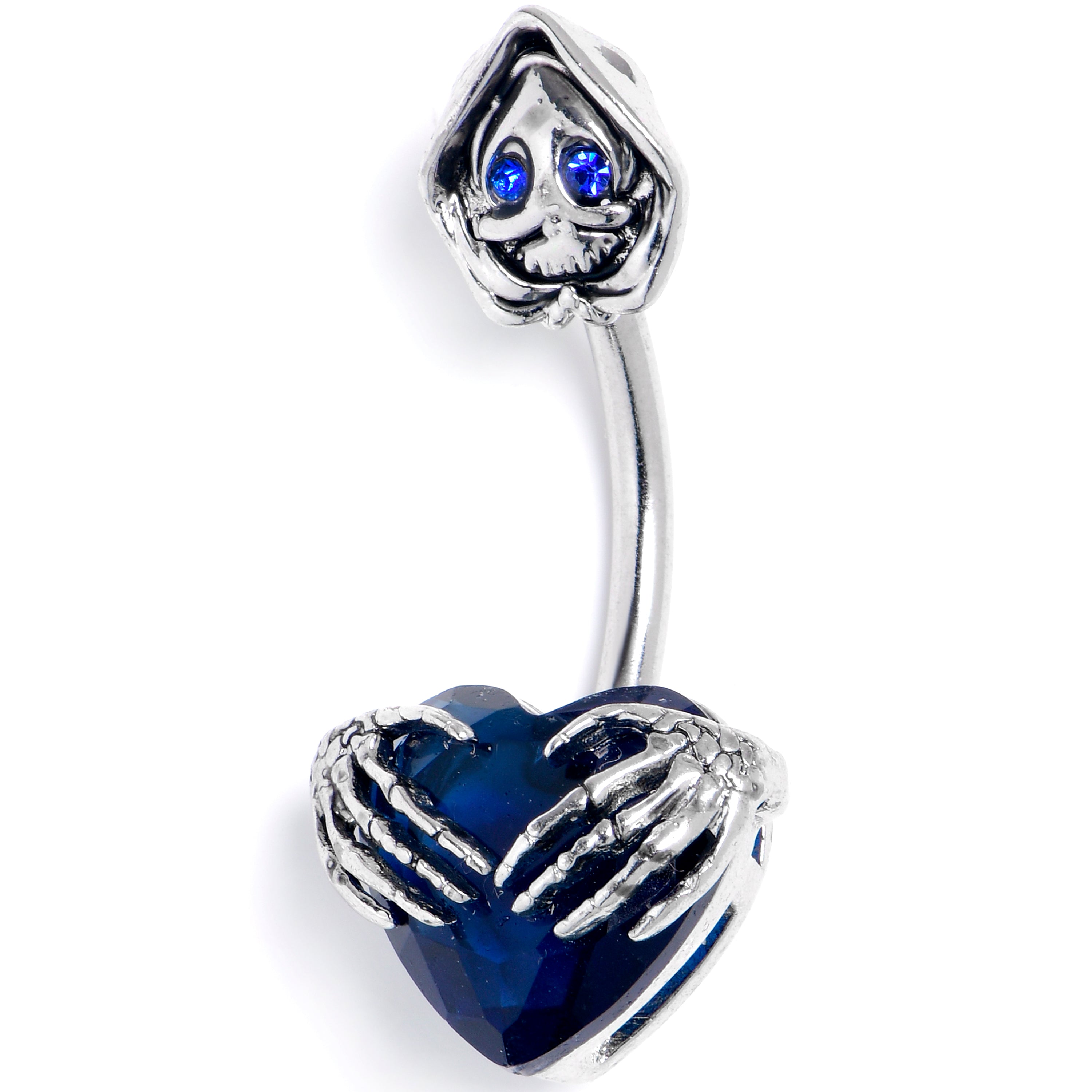 Blue Gem Grim Reaper Heart Double Mount Belly Ring