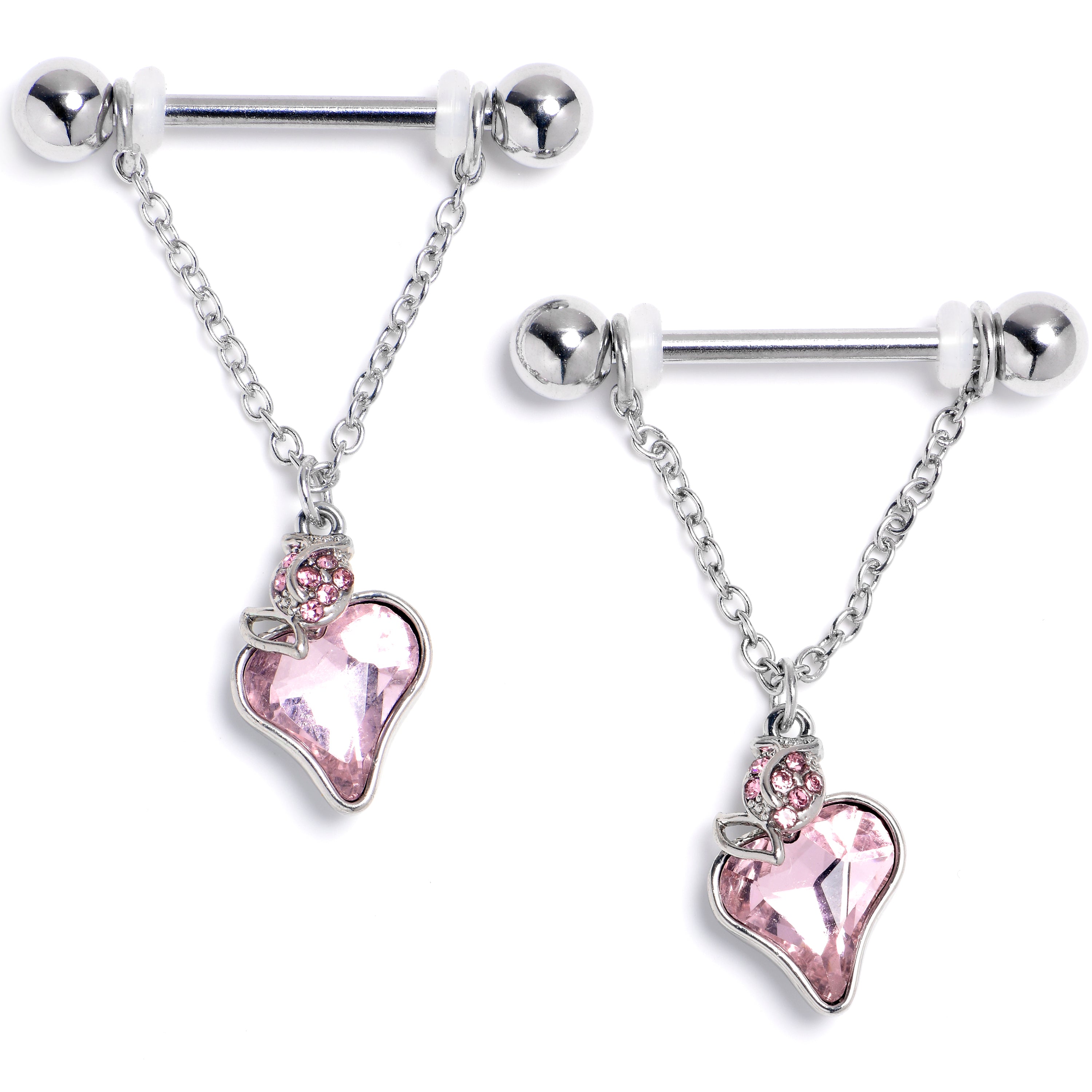 14 Gauge 9/16 Pink Gem Strawberry Love Chain Dangle Nipple Ring Set