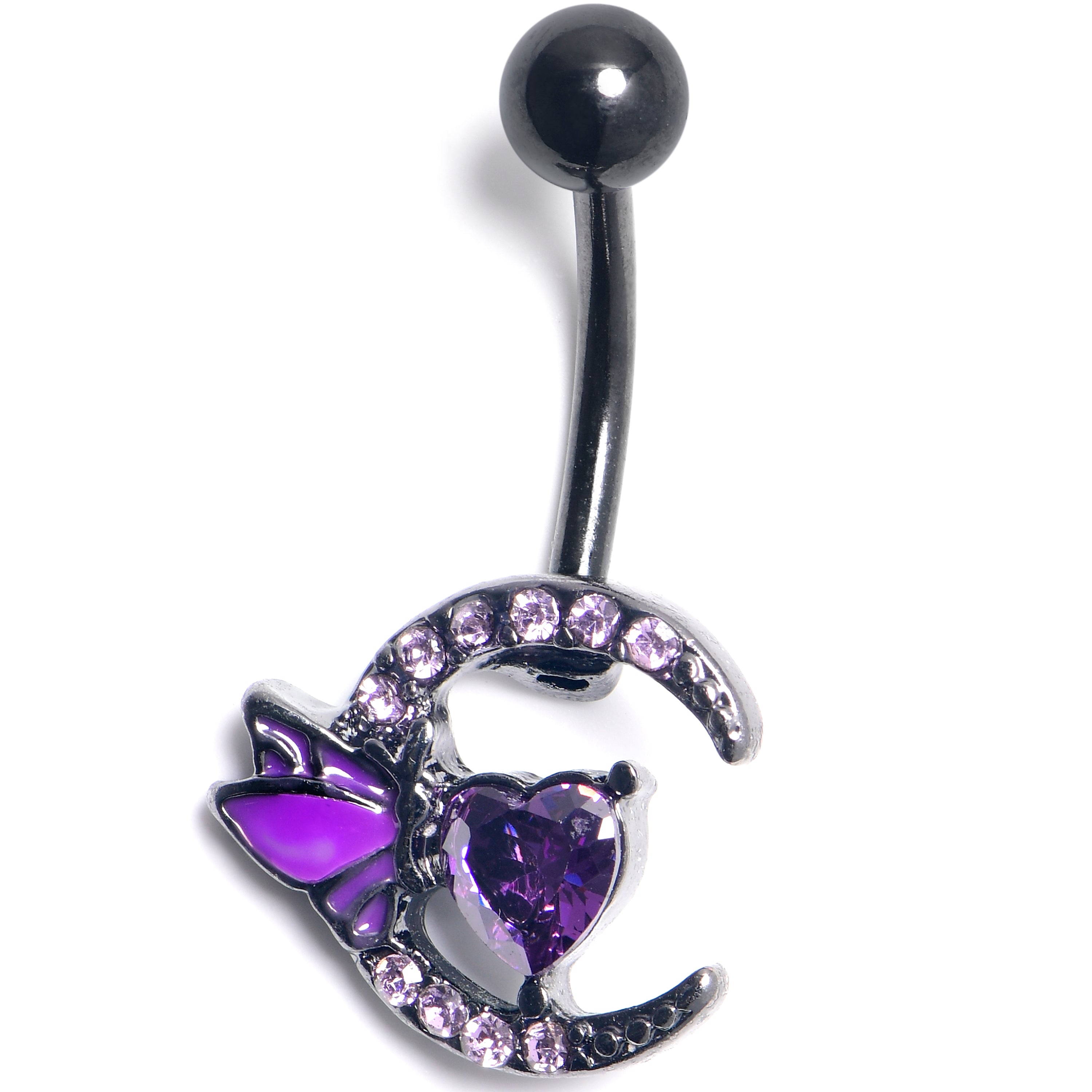 Purple Gem Black Butterfly Moon Heart Belly Ring